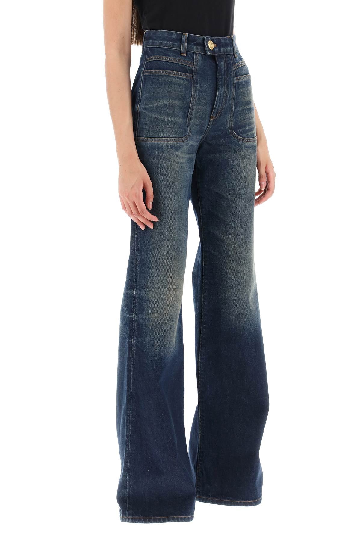 Balmain Women's Dark Wash Wide Leg Jeans - High Waist Stretch Denim Pants for Casual & Office Wear