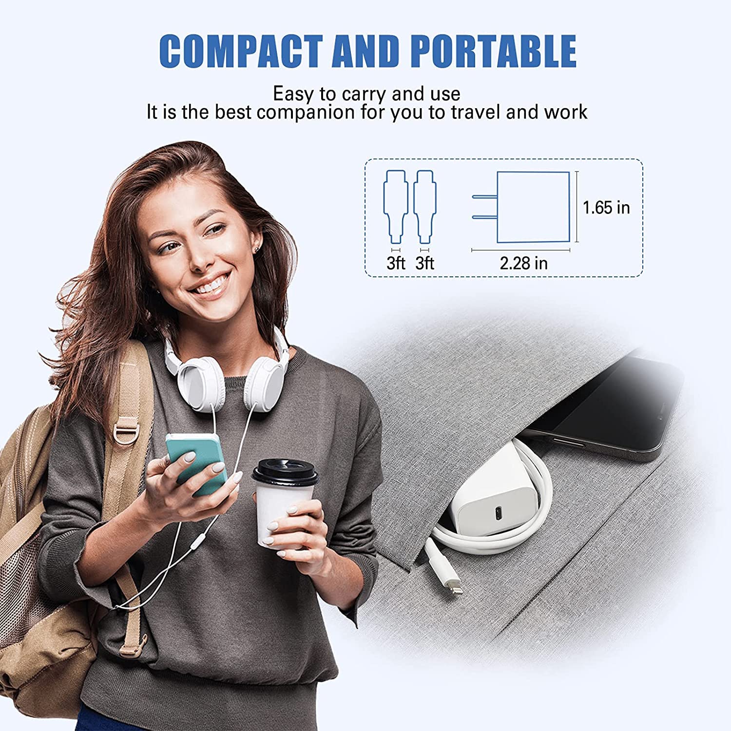 Amoner 20W PD USB C Fast Wall Charger with MFi Certified 3FT C to Lightning Cable - Compatible with iPhone 14/13/12/11/X/8/SE - Quick Charge for Home, Office & Travel