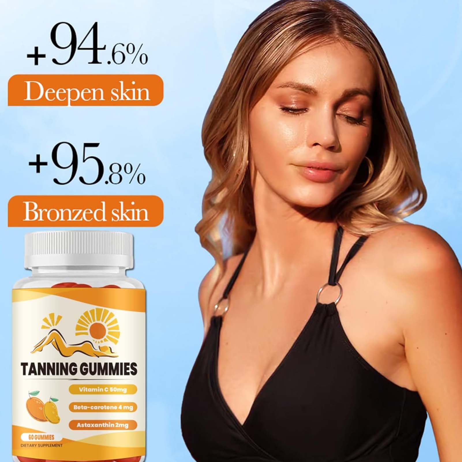 Natural Tanning Gummies with Beta-Carotene, Lycopene & Astaxanthin - Vegan, Non-GMO Supplement for Sun-Kissed Glow (60 Count) | Perfect for Beach Days, Vacations & Healthy Summer Skin Care