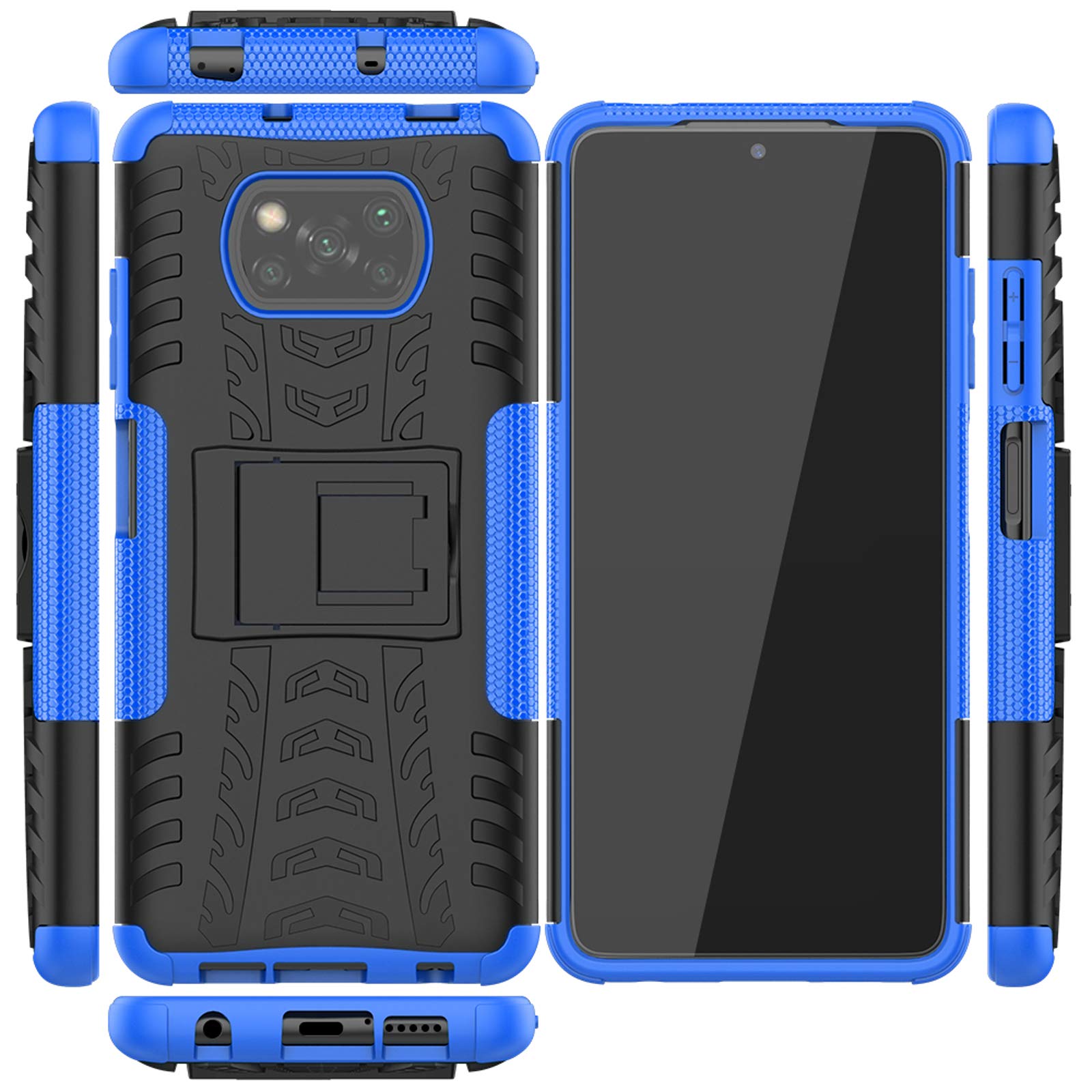 **Shockproof Rugged Phone Case for Xiaomi Poco X3/Poco X3 NFC with Tempered Glass Screen Protector & Kickstand – Durable Hybrid Protective Cover for Men (Black/Blue) – Perfect for Outdoor, Work & Travel**