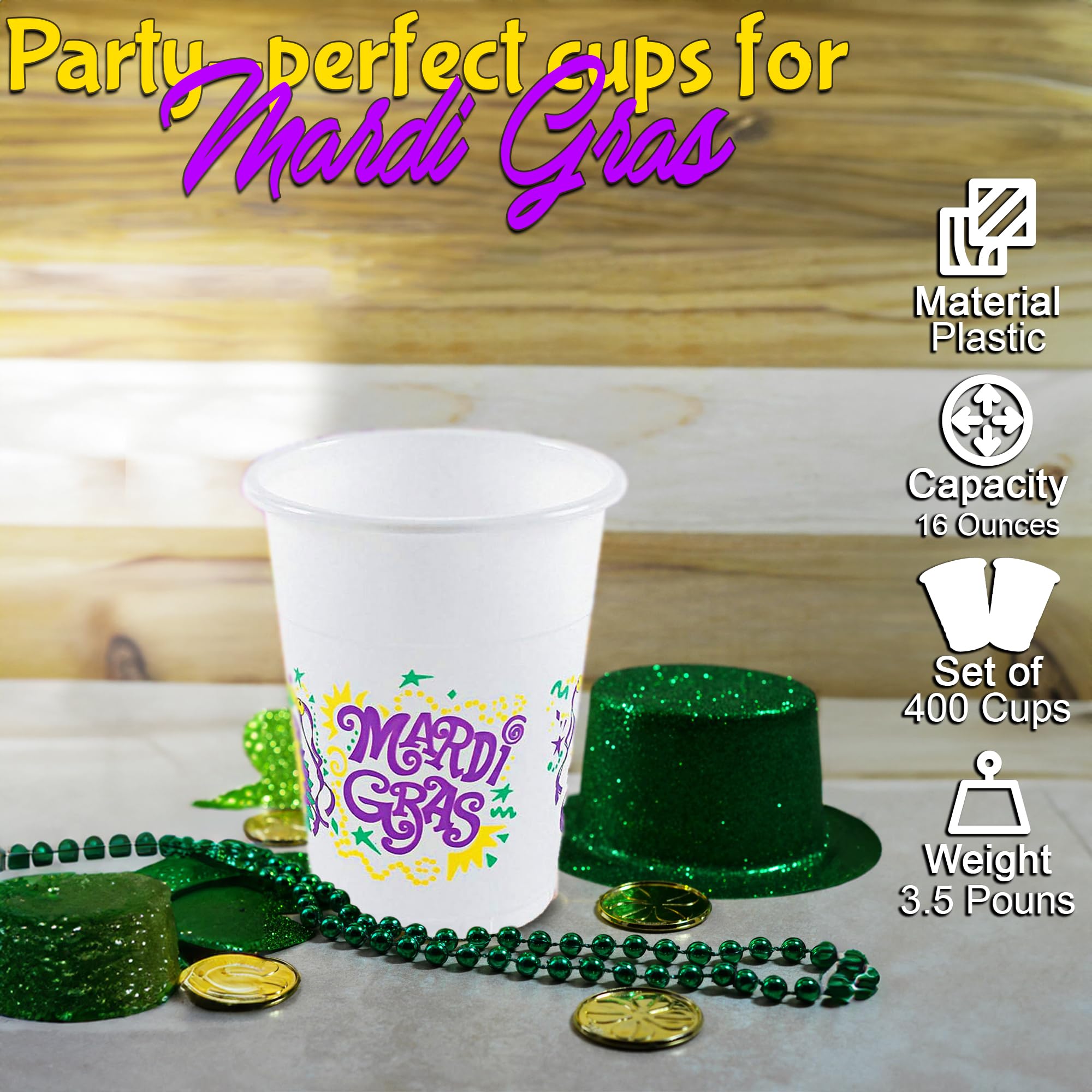 Fun Express Bulk Mardi Gras Plastic Cups - 400 Pieces Colorful Party Cups for Carnival, New Orleans Themed Events & Festive Celebrations - Durable Disposable Drinkware for Parades, Weddings, Birthdays and Office Parties