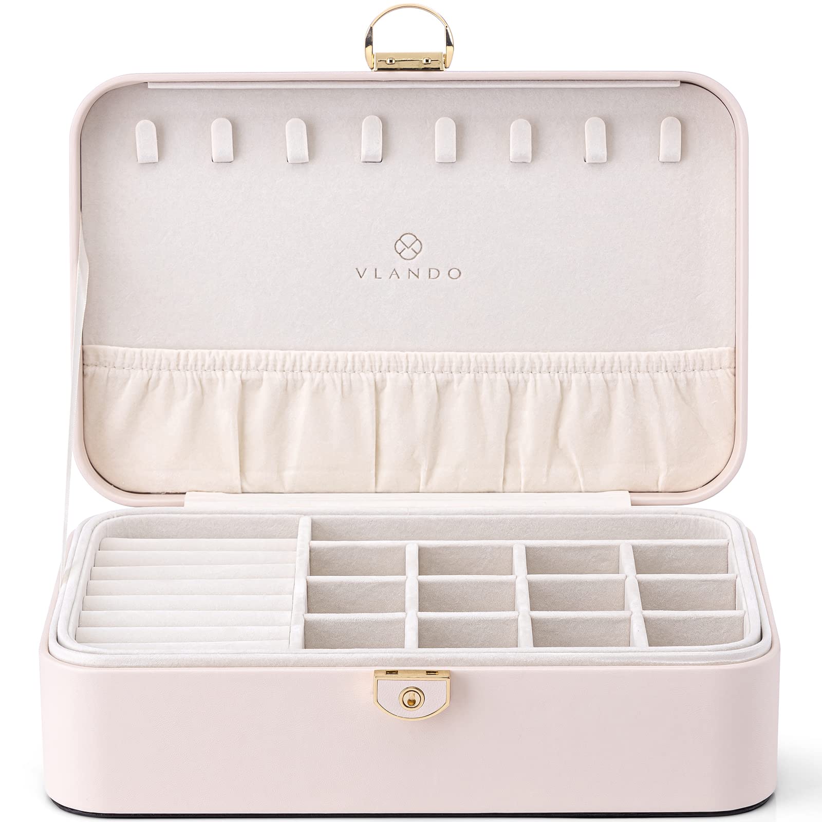 Vlando 2-Layer Jewelry Organizer Box with Removable Tray - Perfect for Earrings, Necklaces & Rings - Valentine's Day, Birthday & Graduation Gifts for Women - Apricot Pink - Ideal for Travel, Home & Office Storage