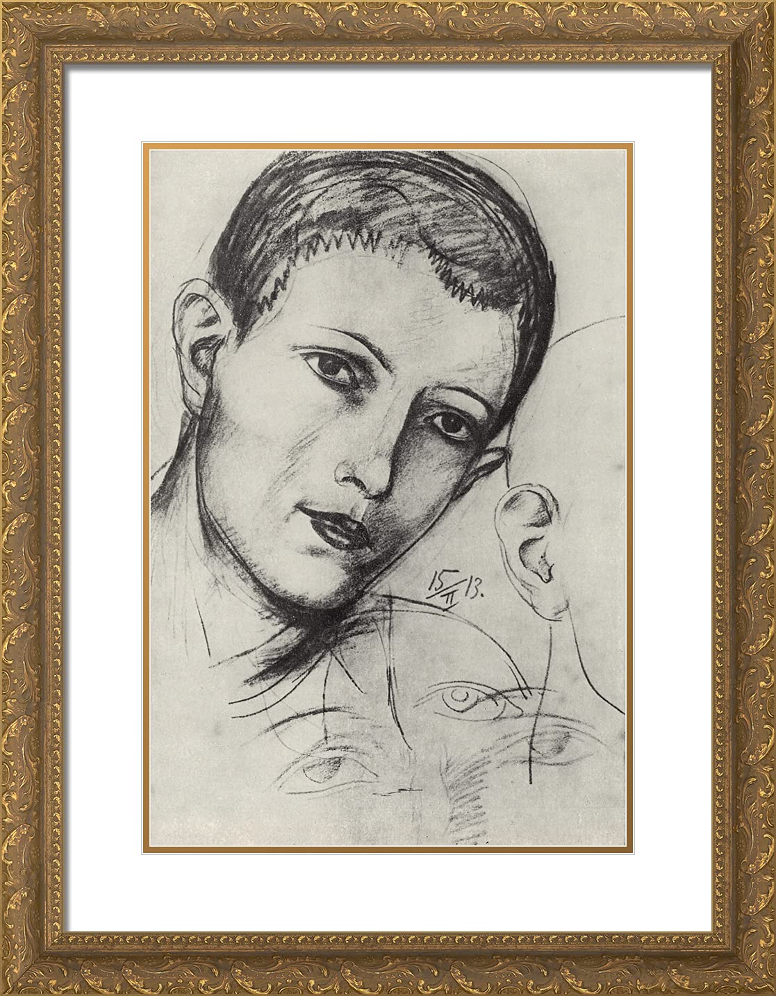 Kuzma Petrov-Vodkin 'Head of Young Man Adam' 19x24 Inch Gold Ornate Framed Art Print with Double Matting - Perfect for Living Room, Bedroom, or Office Wall Decor