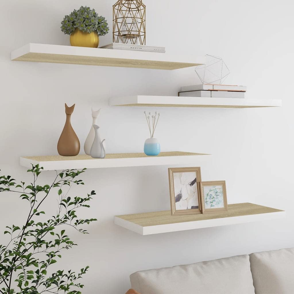Floating Wall Shelves Set of 4 - Modern Oak & White MDF Display Shelves (31.5