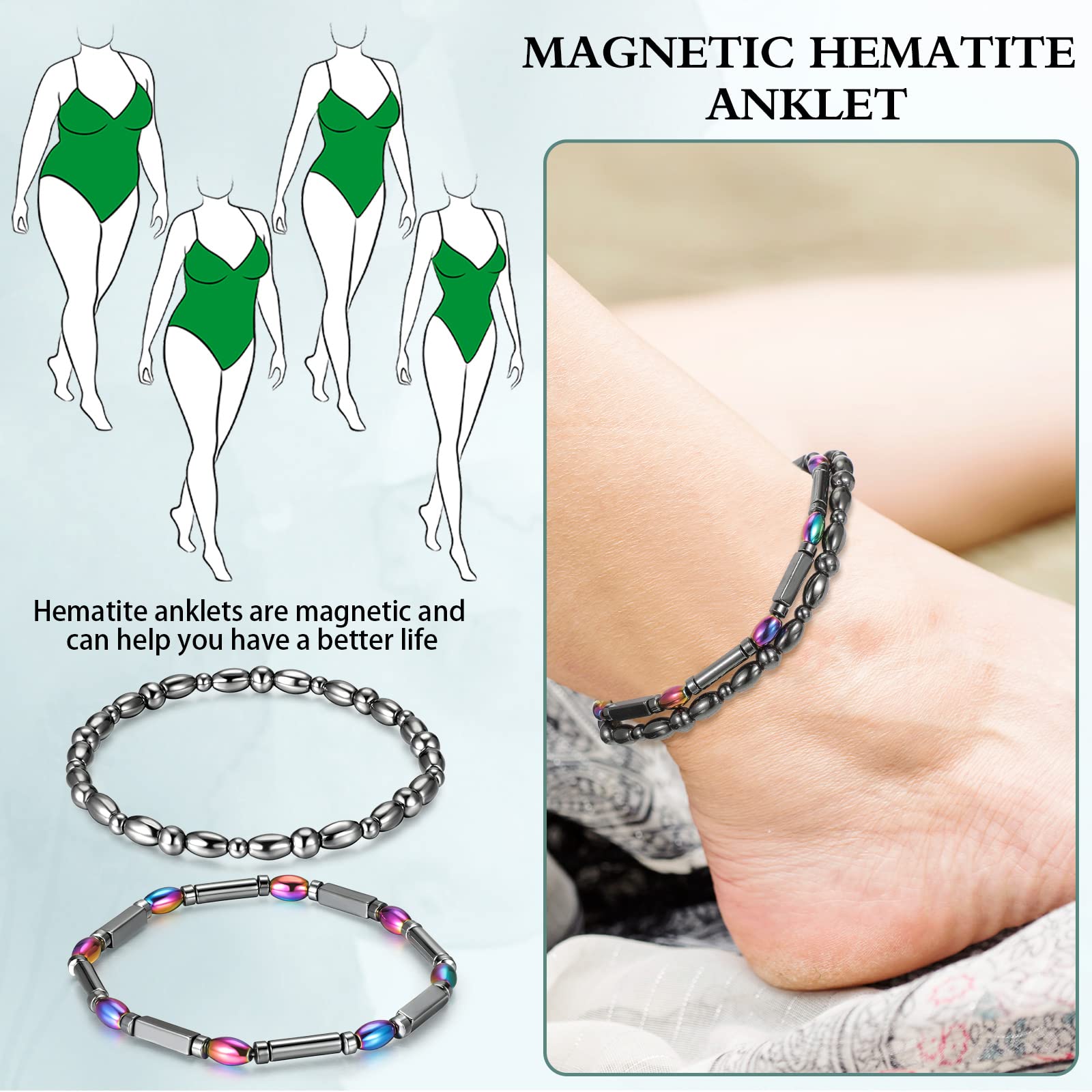 Herdear 4 Pcs Magnetic Hematite Ankle Bracelets for Women & Men - Beaded Magnetic Therapy Anklets with Energy Stones, 2 Stylish Designs - Perfect for Yoga, Meditation & Wellness Jewelry