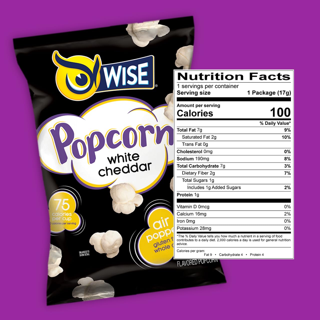 Wise Snacks White Cheddar Popcorn - 12 Pack (2.25oz Bags) | Gluten Free, Whole Grain, Air Popped Snacks for Movie Nights, Office Break, and Healthy On-the-Go Munching