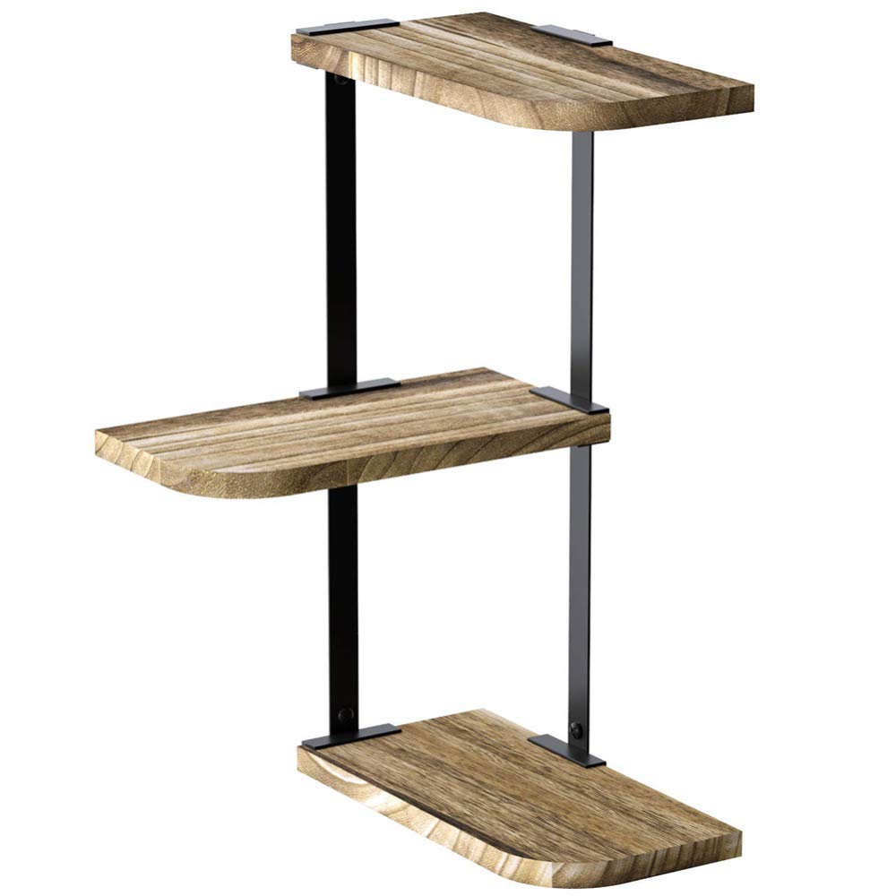 3-Tier Rustic Wood Floating Corner Shelf Wall Mount - Carbonized Black | Space-Saving Storage for Bedroom, Living Room, Bathroom, Kitchen & Office | Perfect for Displaying Decor, Books & Essentials