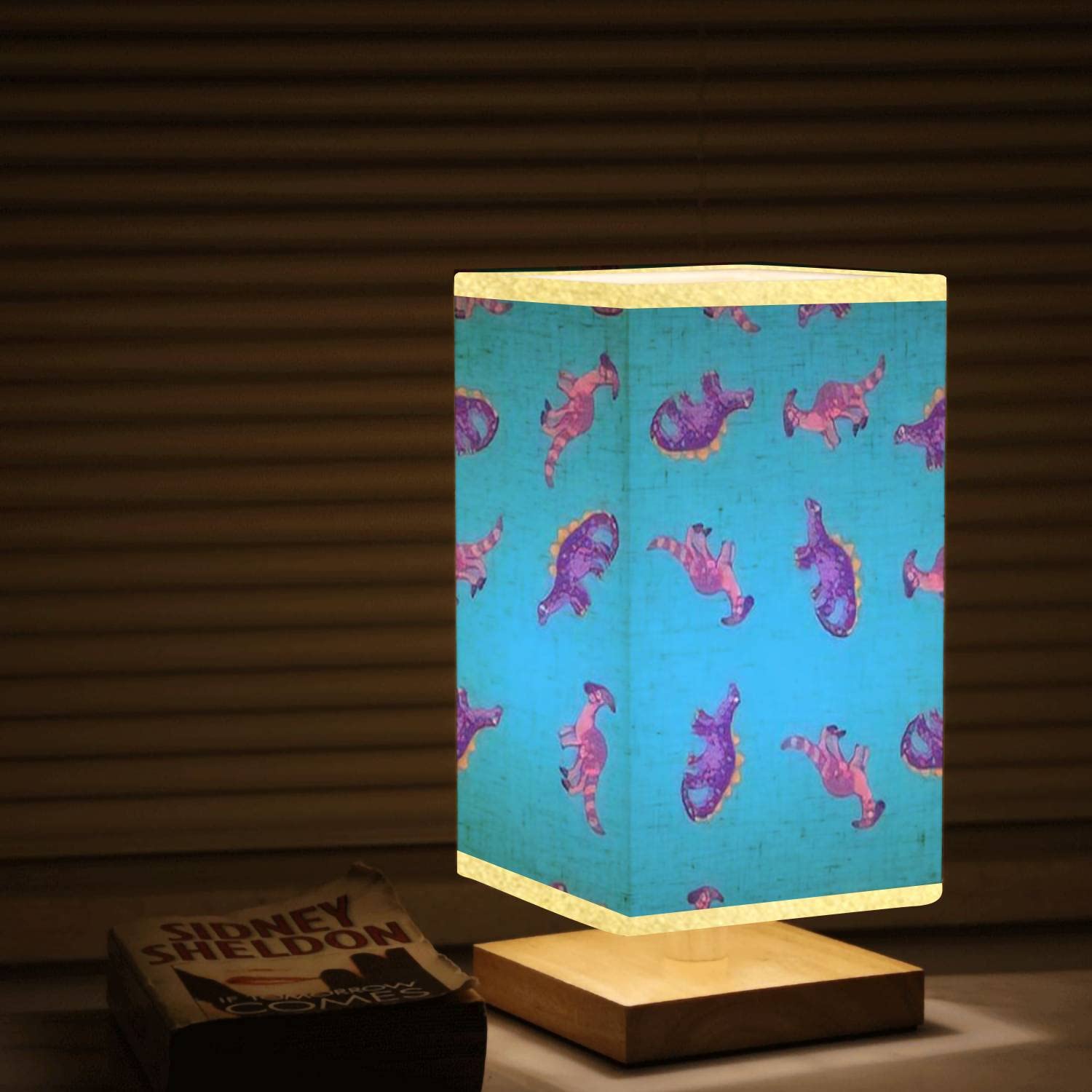 Dimmable Kids Dinosaur Nightstand Lamp - Cute Wooden Base with Flaxen Fabric Shade, Bedside Table Lamp for Nursery, Bedroom & Living Room | Perfect Reading Light and Decorative Accent for Kids' Rooms