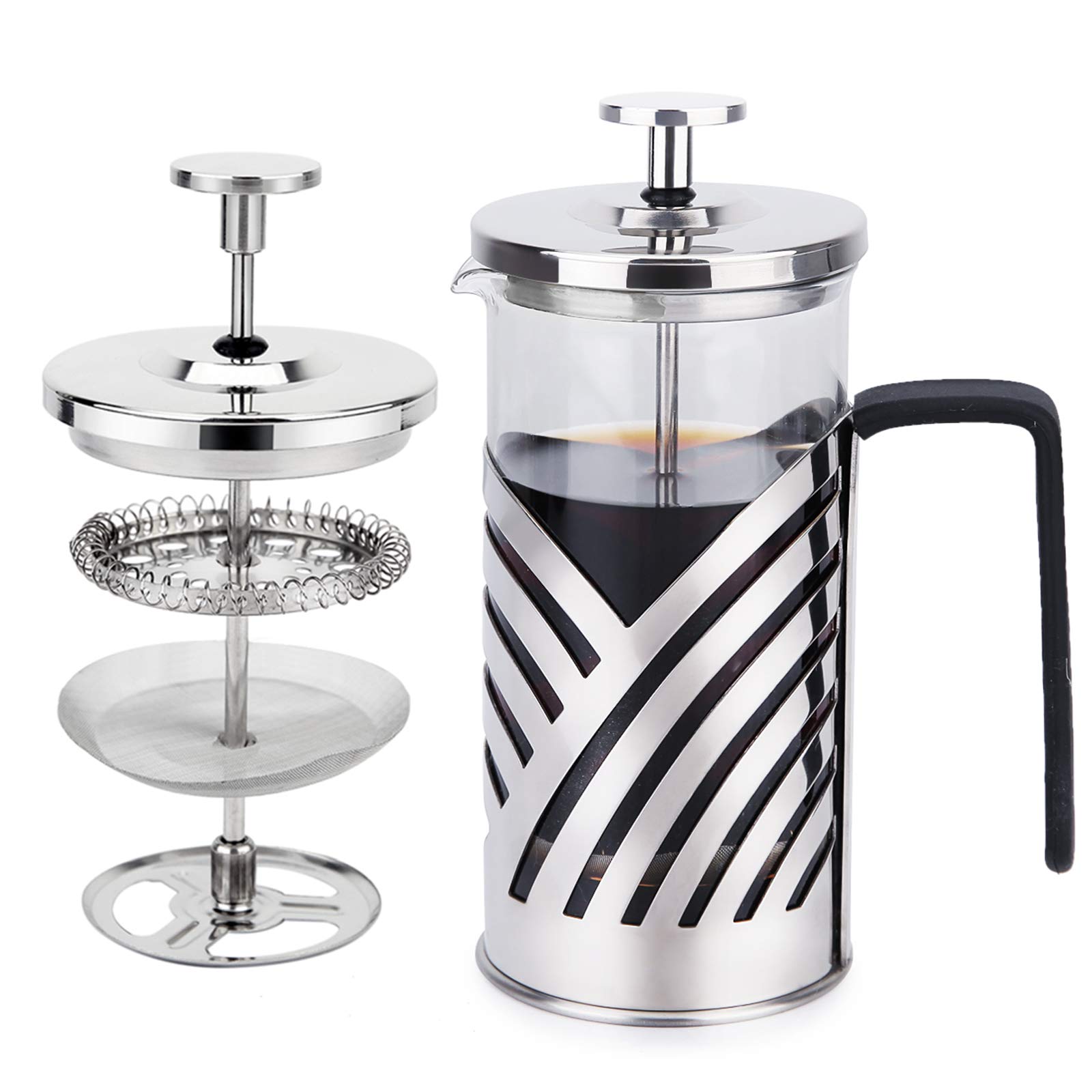 French Press Coffee Maker - Kitchenexus 304 Stainless Steel Coffee & Tea Infuser with 4 Filters, 12oz/350ml Portable Glass Carafe - Perfect for Camping, Travel, Office & Home Brewing