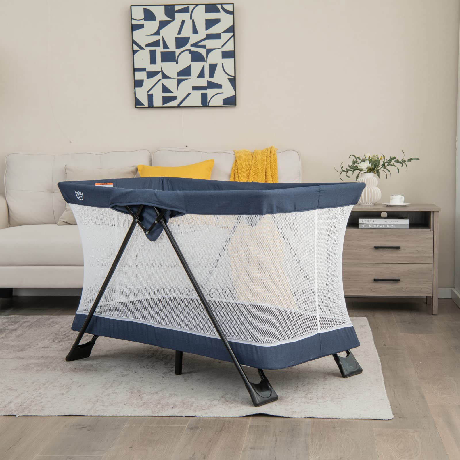 BABY JOY Portable Travel Crib - Lightweight Foldable Playpen for Babies & Toddlers with Soft Washable Mattress, No-Tools Assembly Playard for Newborns to 3 Years Old (Blue) | Perfect for Home, Travel, Daycare & Outdoor Adventures
