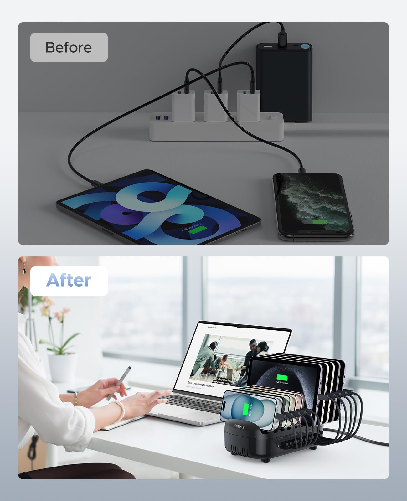ORICO 10-Port 120W USB Charging Station for iPad, Phone, Tablet - Home & Office Use