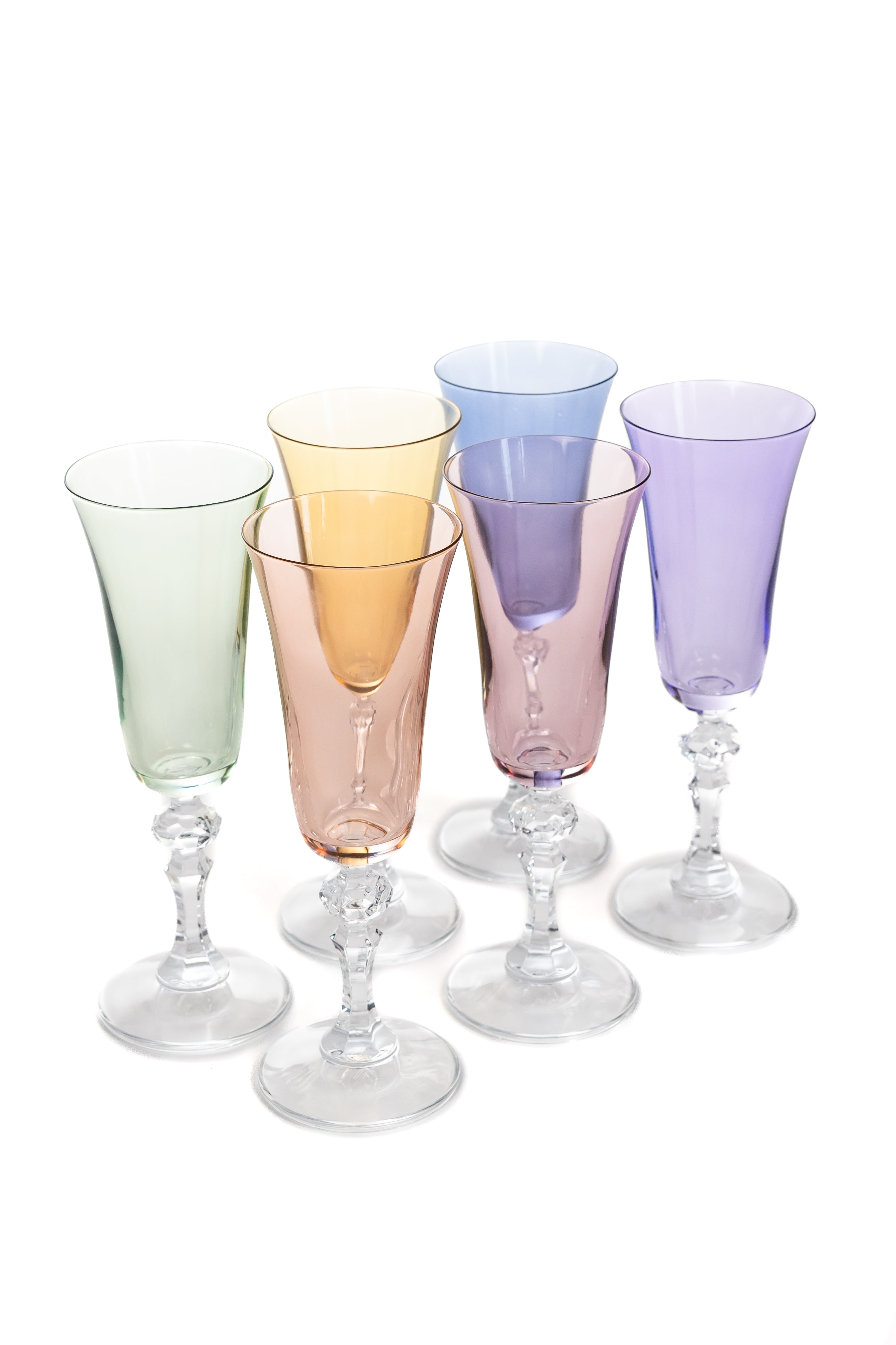 Elegant Estelle Colored Regal Flute Glasses with Clear Stem - Set of 6 Pastel Mixed Colors for Wedding, Party & Champagne Celebrations