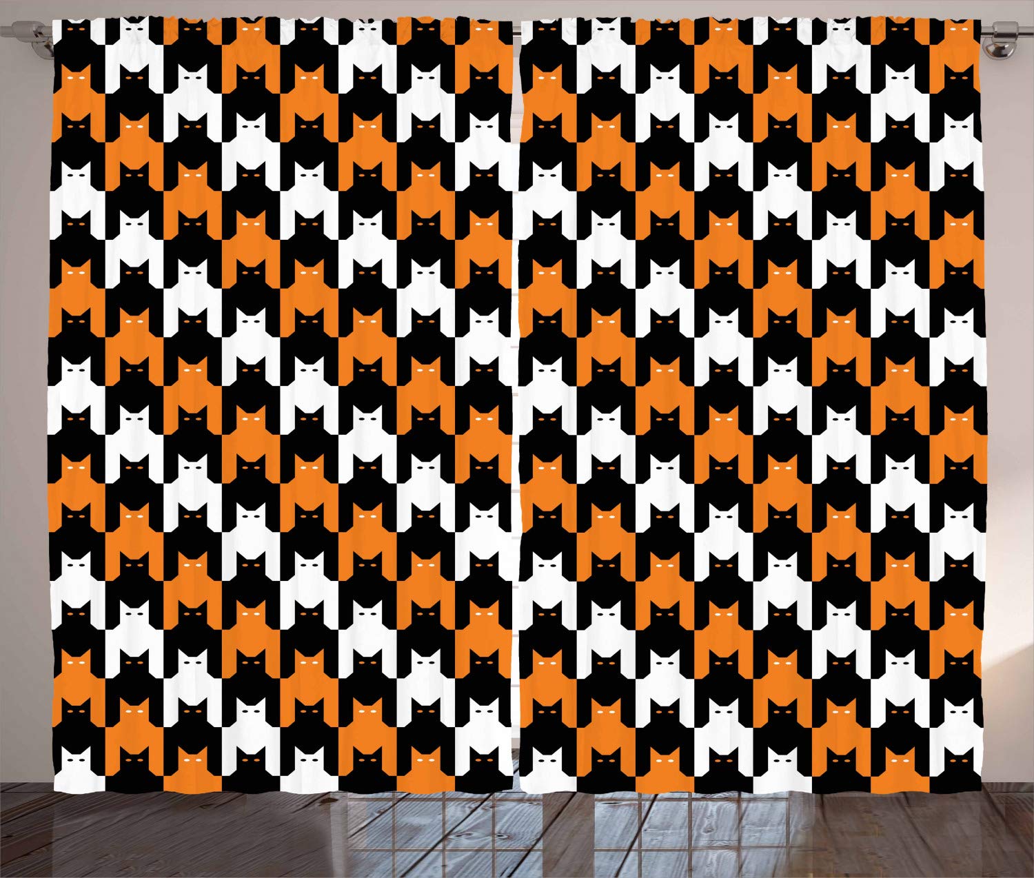 Ambesonne Halloween Blackout Curtains - Digital Catstooth Pixel Pattern Spooky Harvest Design, 2 Panel Window Drapes for Living Room & Bedroom, 108