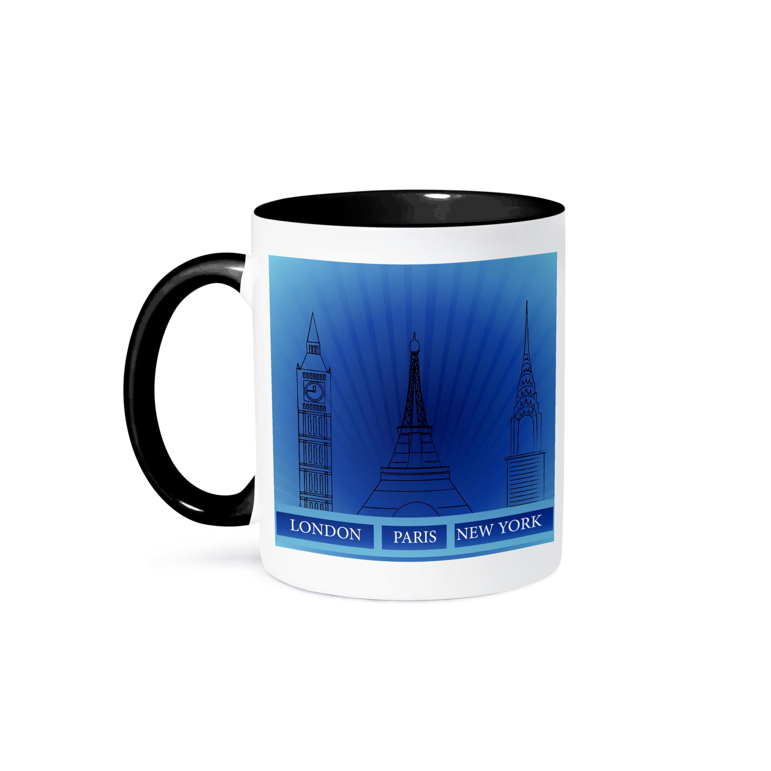 3D Rose Blue Two Tone Mug 11 oz - London, Paris, New York Historical Landmarks Design - Perfect for Coffee, Tea & Office Use - Black & White Ceramic Cup for Home or Gift