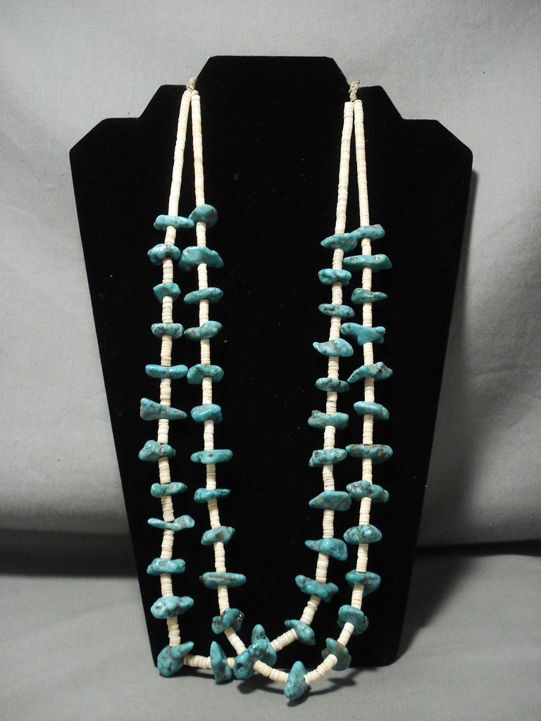 150 Gram Colossal Turquoise Nugget Vintage Navajo Native American Heishi Necklace - Handmade Old Jewelry for Boho Fashion & Southwest Style Outfits