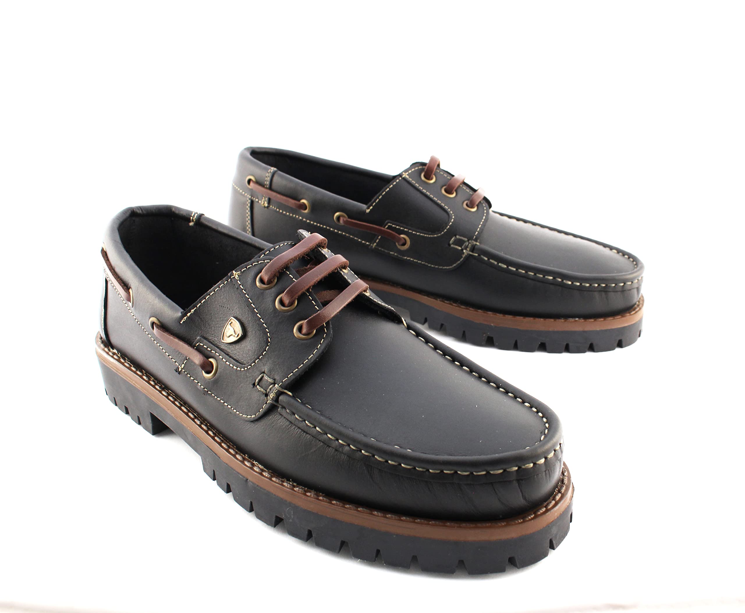 **Men's Genuine Leather Boat Shoes - Classic 3-Eye Sailing Deck Shoes in Black | Comfortable & Durable for Casual Wear, Sailing & Outdoor Activities**