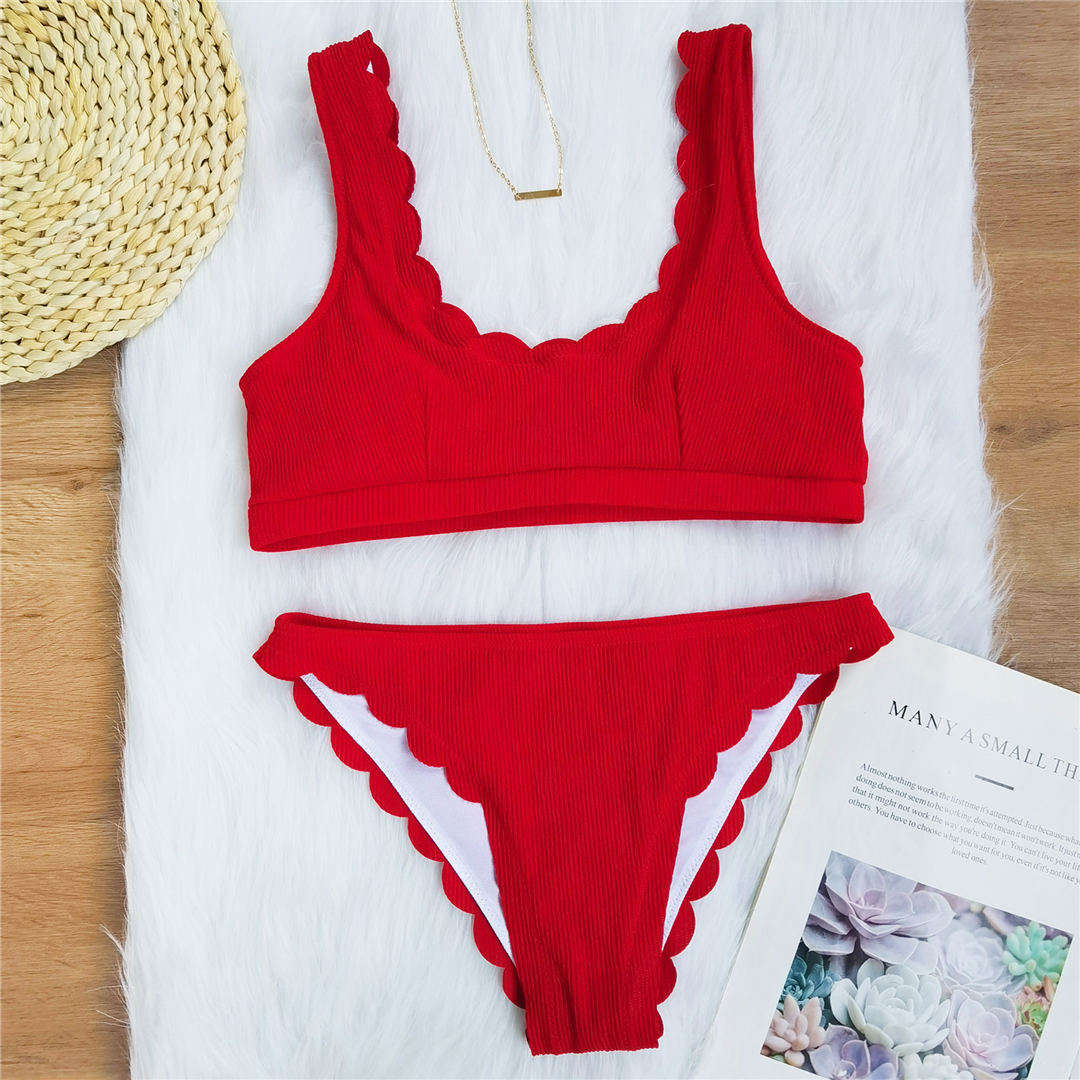 6 Colors Scalloped Mid Waist Bikini Set for Women - Ribbed Two Piece Swimwear Bathing Suit | Beach, Pool, Vacation & Summer Fashion (Style V2183R)