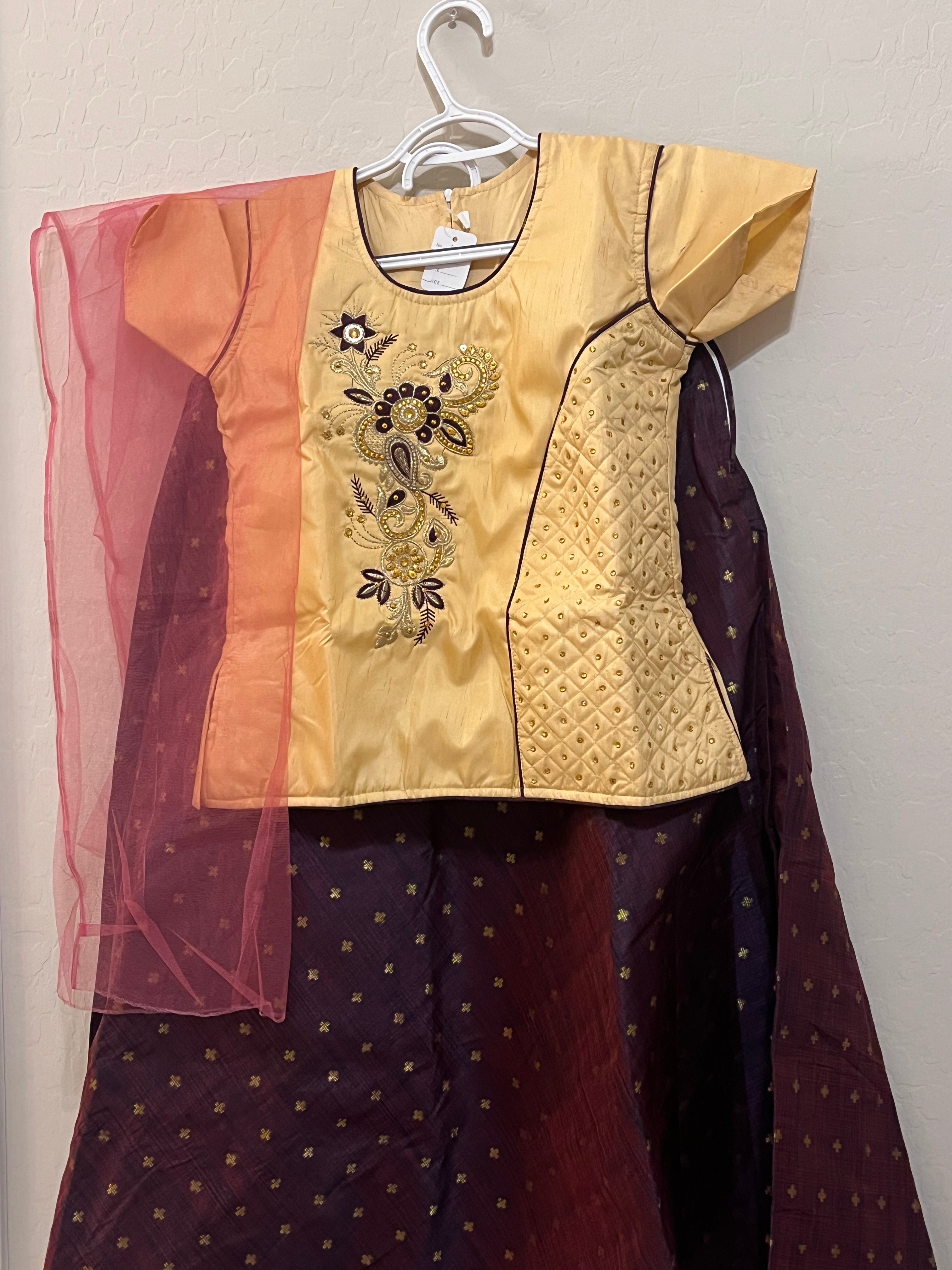 Elegant Beige & Burgundy Raw Silk Lehenga Set for Girls - Traditional Indian Party Dress for Weddings, Festivals & Special Occasions