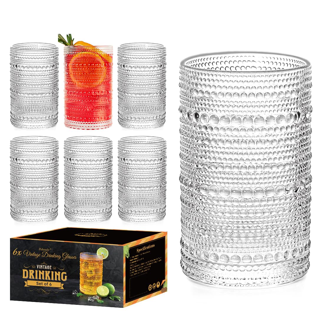Vintage Hobnail Drinking Glasses Set of 6 - 12oz Clear Beaded Highball Tumblers for Cocktails, Water & Beverages | Heavy Duty Glassware for Home Bar, Kitchen & Retro Party Decor