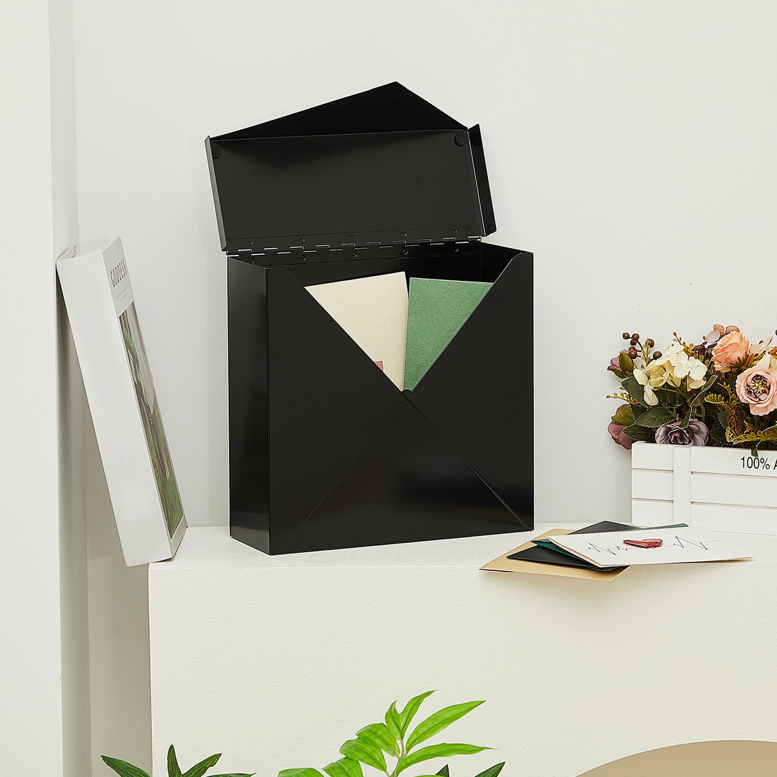 10 x 10 x 4 Inch Large Capacity Wall Mount Mailbox - Modern Black Steel Hanging Post Box for Outside with Parcel Protection | Perfect for Homes, Apartments & Offices