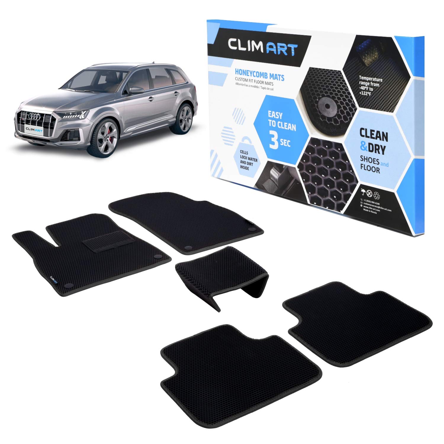 Premium Honeycomb Custom Fit All-Weather Floor Mats for Audi Q7 2017-2023 - 1st & 2nd Row Car Floor Liners - Durable Black Car Accessories for Men & Women - Perfect for Daily Commute, Road Trips & Winter Protection