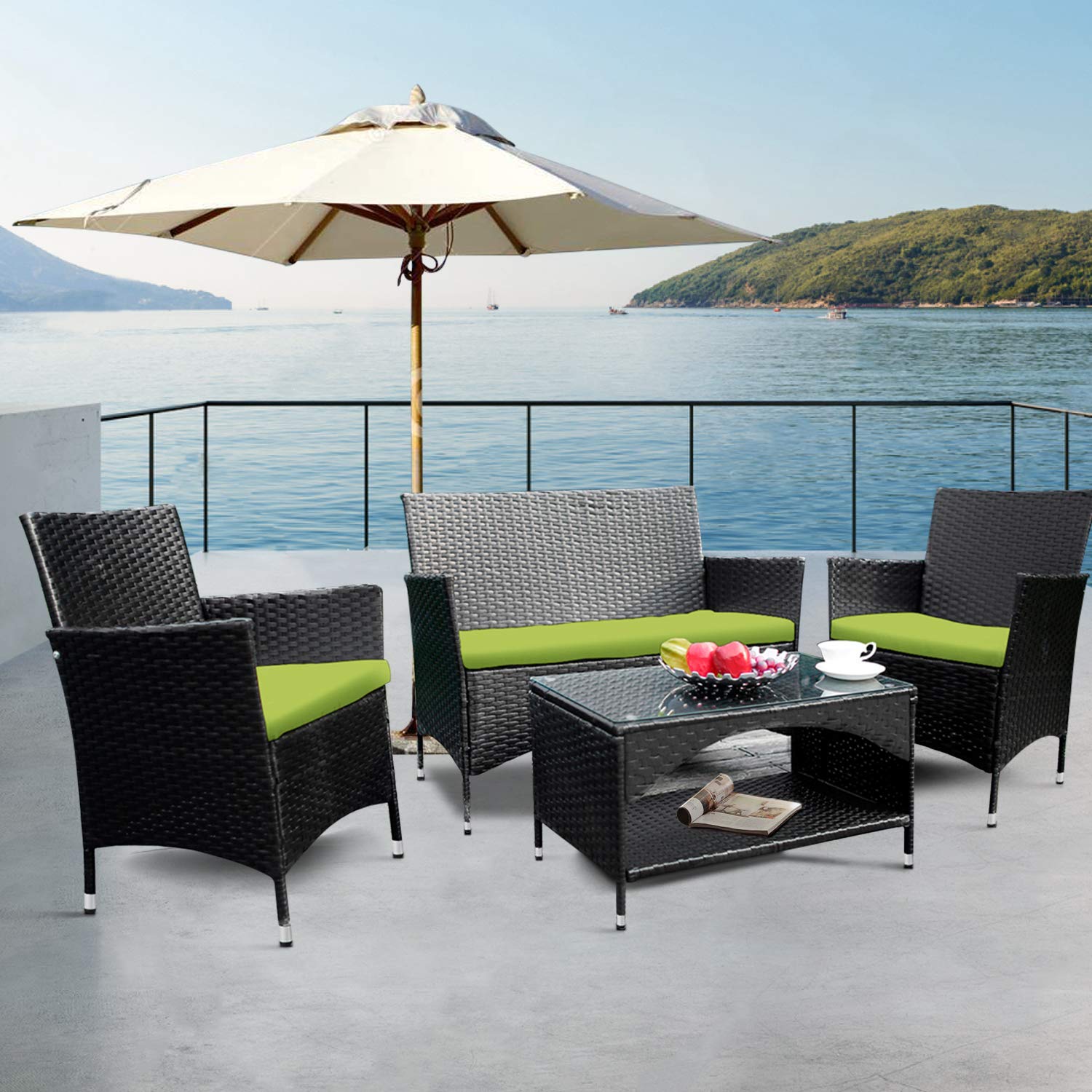 4-Piece All-Weather Wicker Patio Furniture Set - Outdoor Garden Conversation Sofa with Removable Zippered Cushions (Green) - Perfect for Backyard, Poolside, and Terrace Relaxation