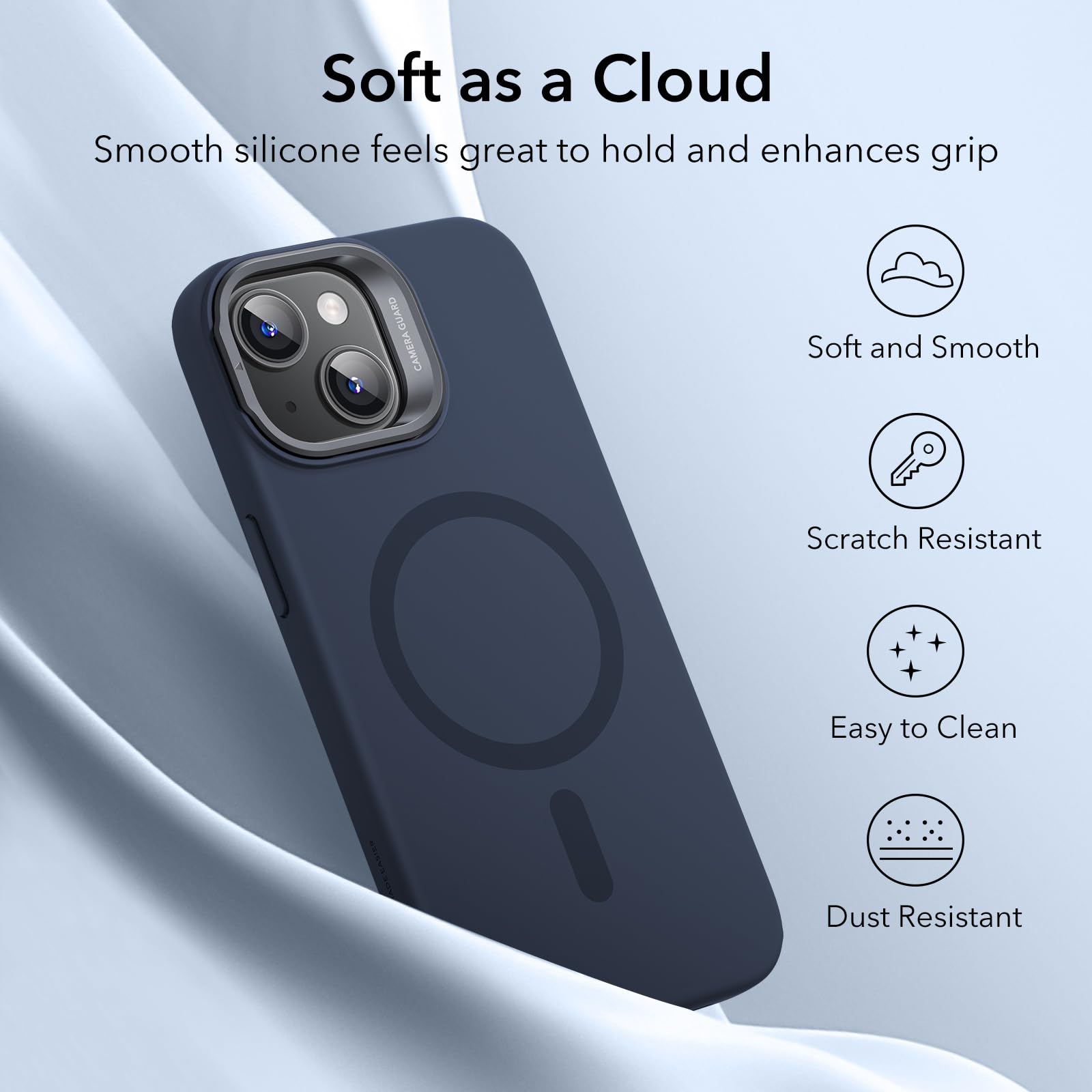 ESR MagSafe Silicone Case for iPhone 15 Plus with Stand | Military-Grade Protection & Built-in Camera Stash | Magnetic Phone Cover in Dark Blue (Cloud Series) | Perfect for Work, Travel & Daily Use