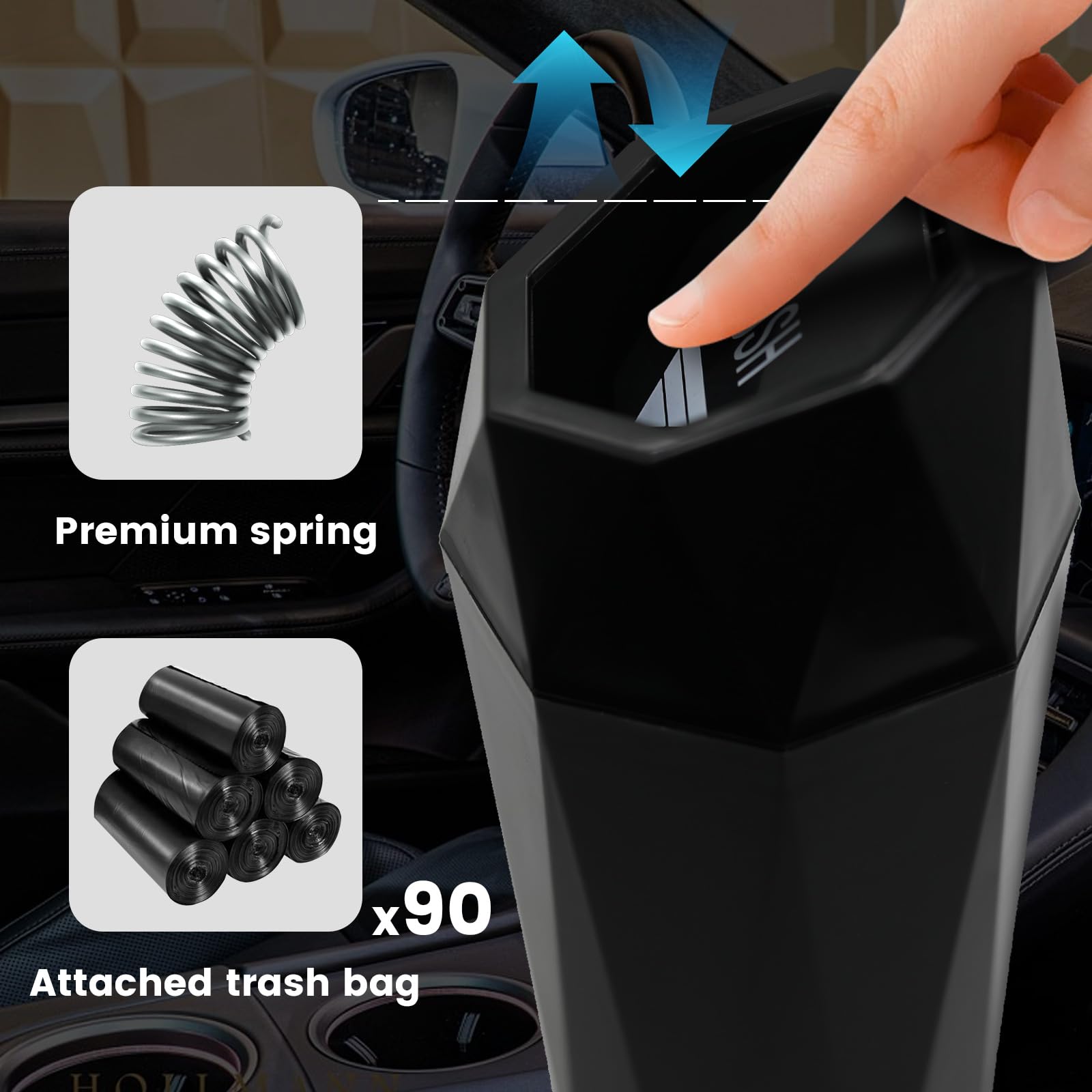 Leakproof Car Trash Can with Lid - Mini Interior Organizer with 90 Bags & 2 Hooks - Essential Auto Accessories for Road Trips, Commuting & Family Travel