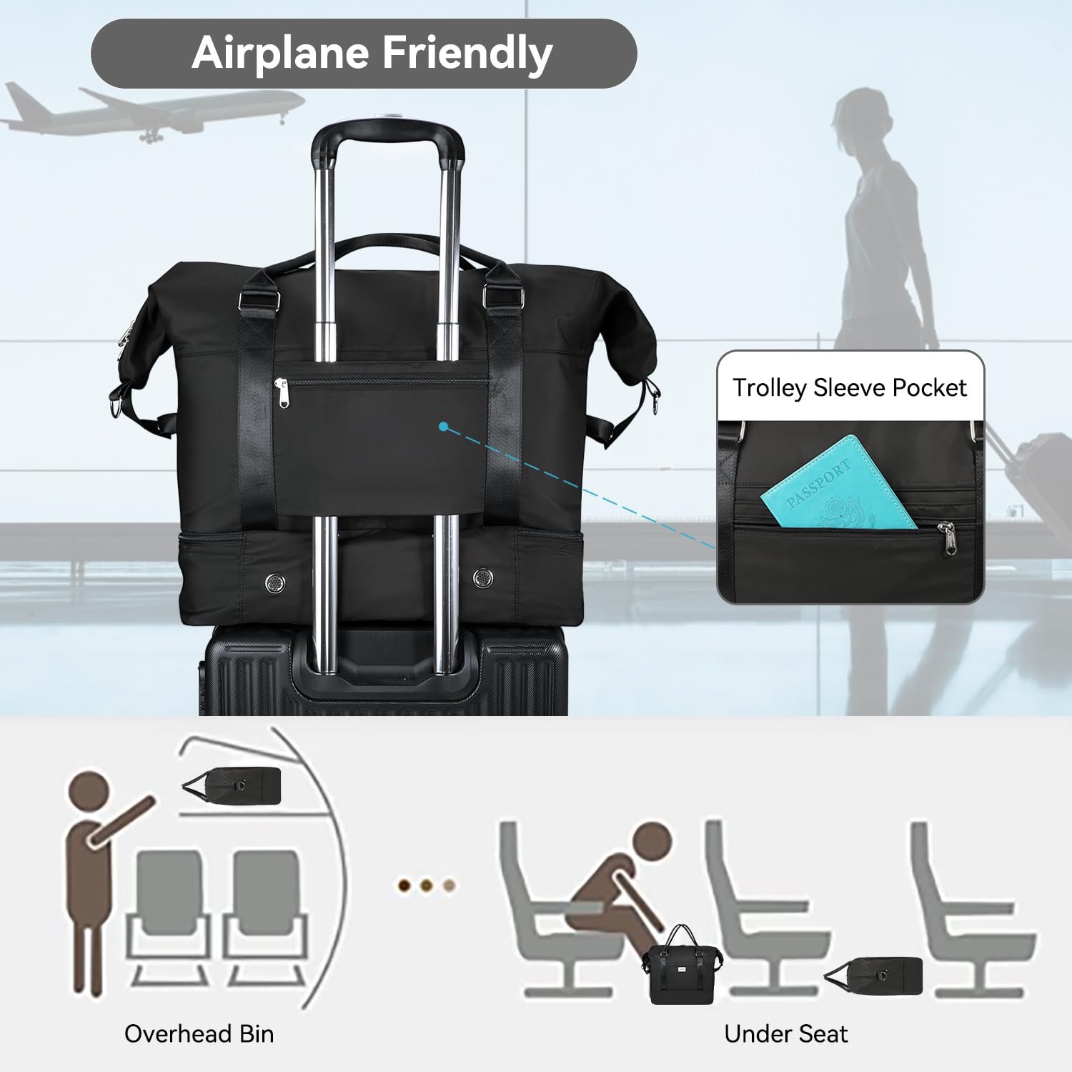 Voova Weekender Bags for Women & Men - Large Travel Duffle Bag with Shoe Compartment & 4 Toiletry Bags - Perfect Carry-On Overnight Bag for Gym, Yoga, Hospital & Weekend Getaways (Black)