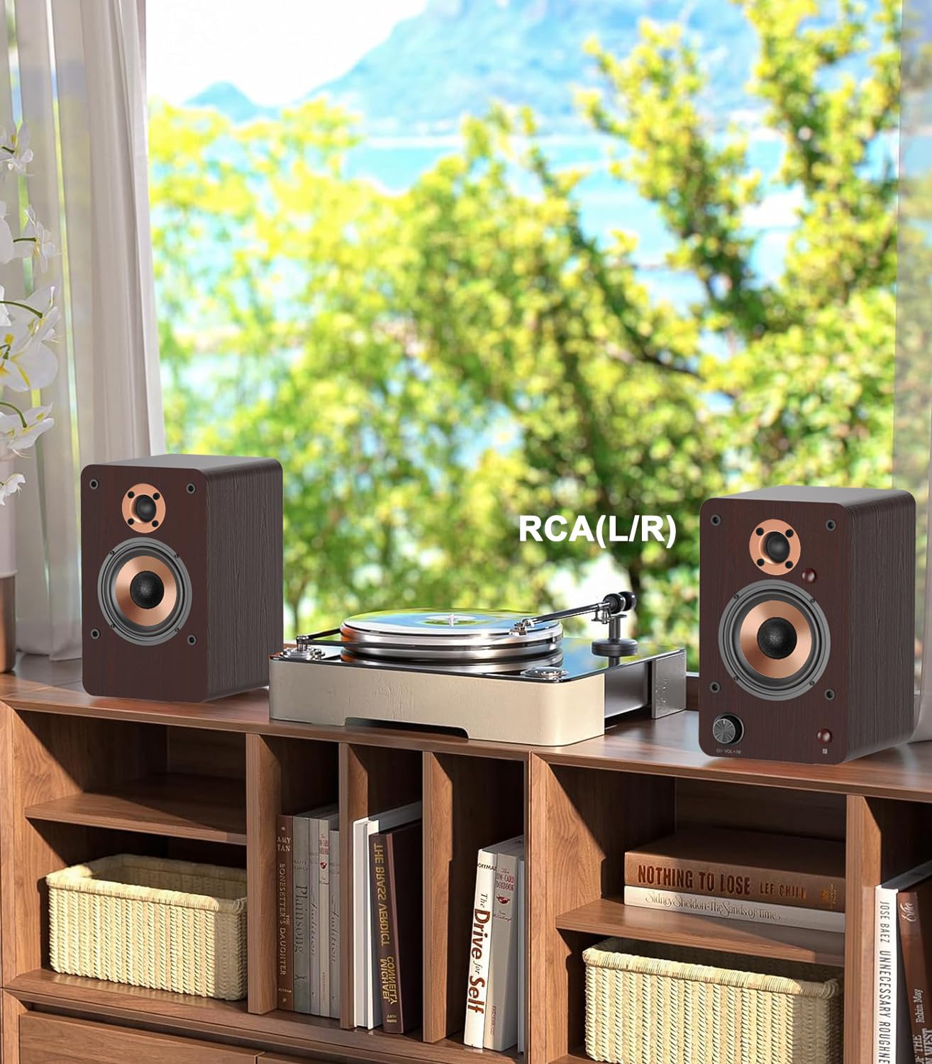 LONPOO 100W Active Bookshelf Speakers with Bluetooth, 4'' Woofer - Optical/Coaxial/RCA/USB/AUX Input for PC, TV, Turntable - LP42M Brown - Perfect for Home Office, Gaming & Music Listening