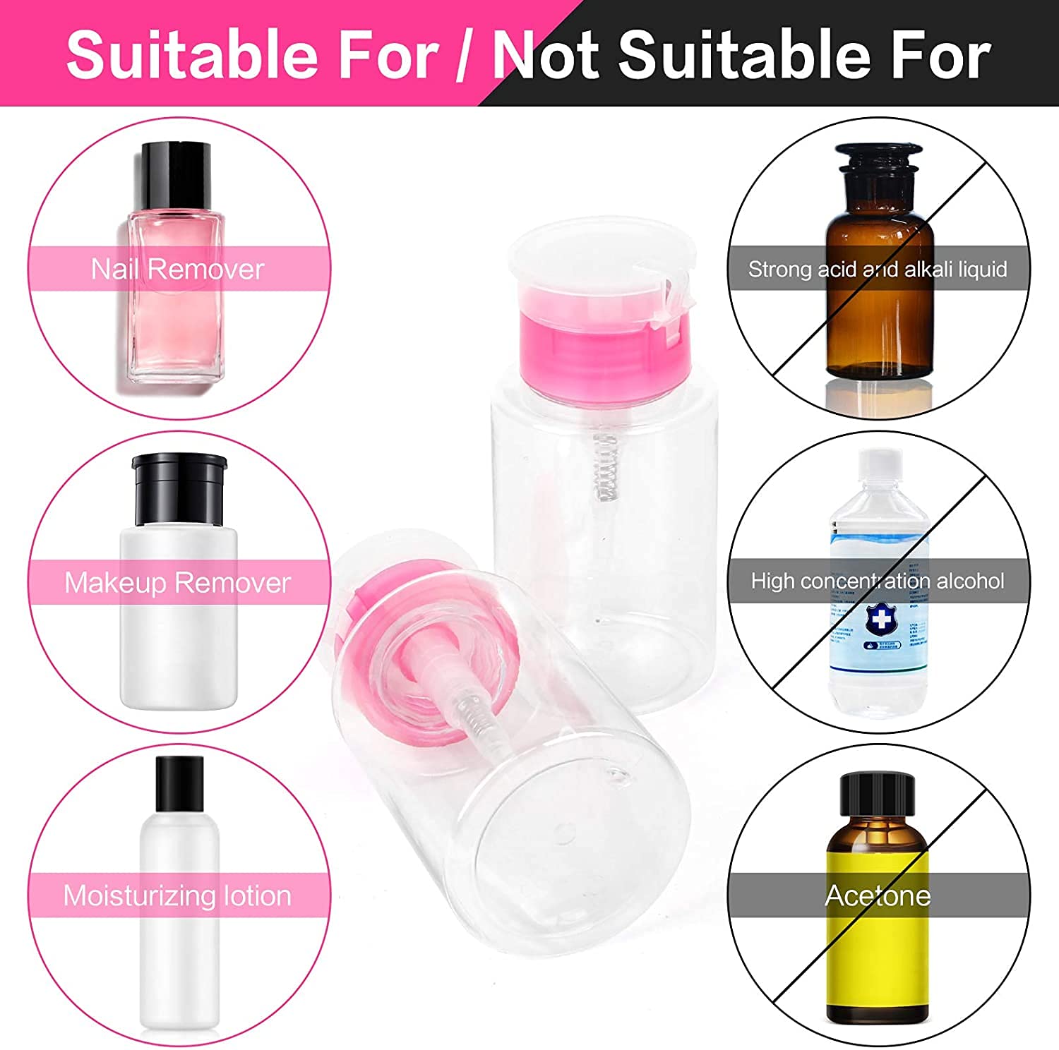 2PCS 180ml Empty Nail Polish Remover Pump Bottles - Push Down Dispenser for Nail Polish & Makeup - Perfect for Salon, Home & Travel Use