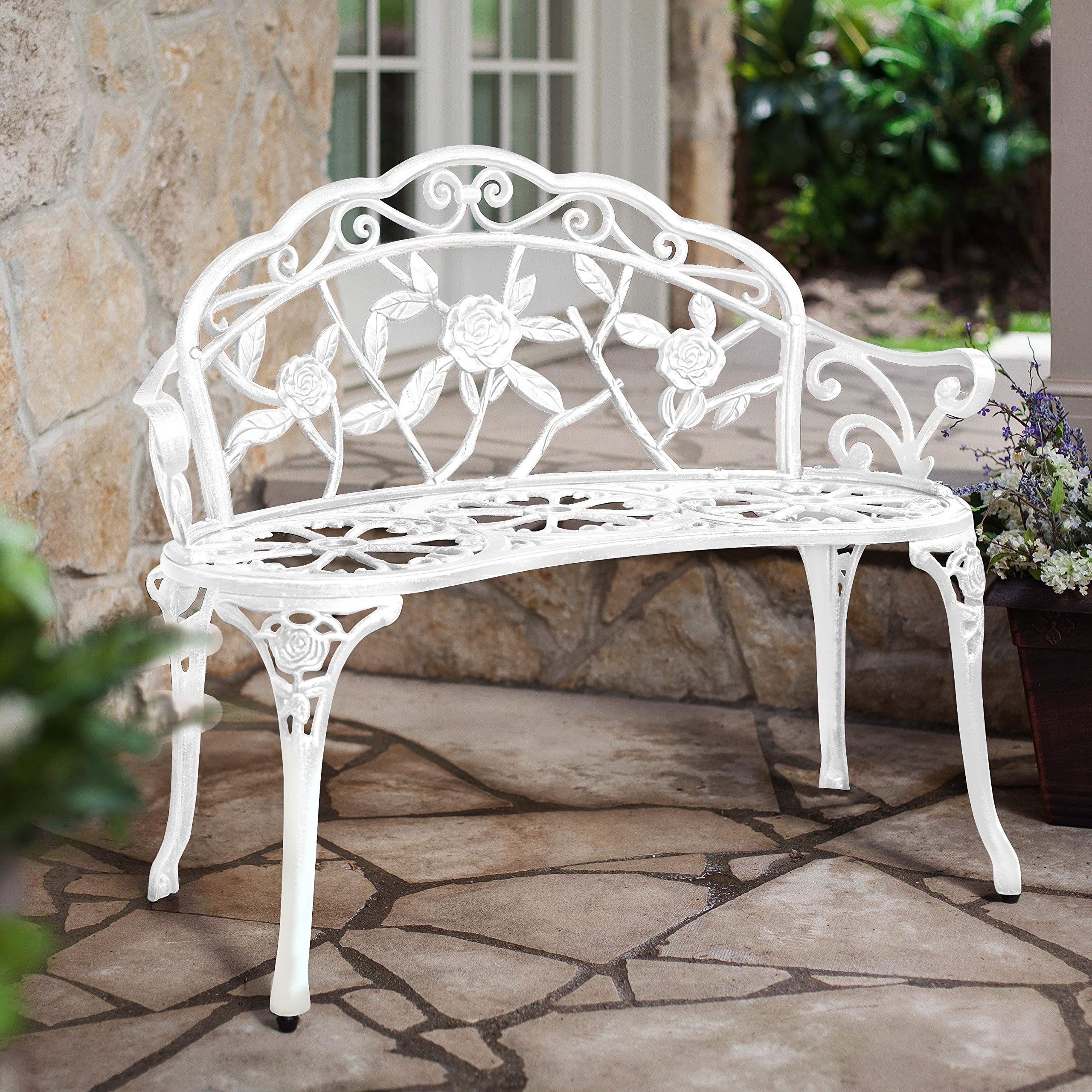 Premium White Traditional Aluminum Iron Garden Bench for Patio, Rose Garden & Park - Durable Outdoor Seating for Relaxing & Enjoying Nature