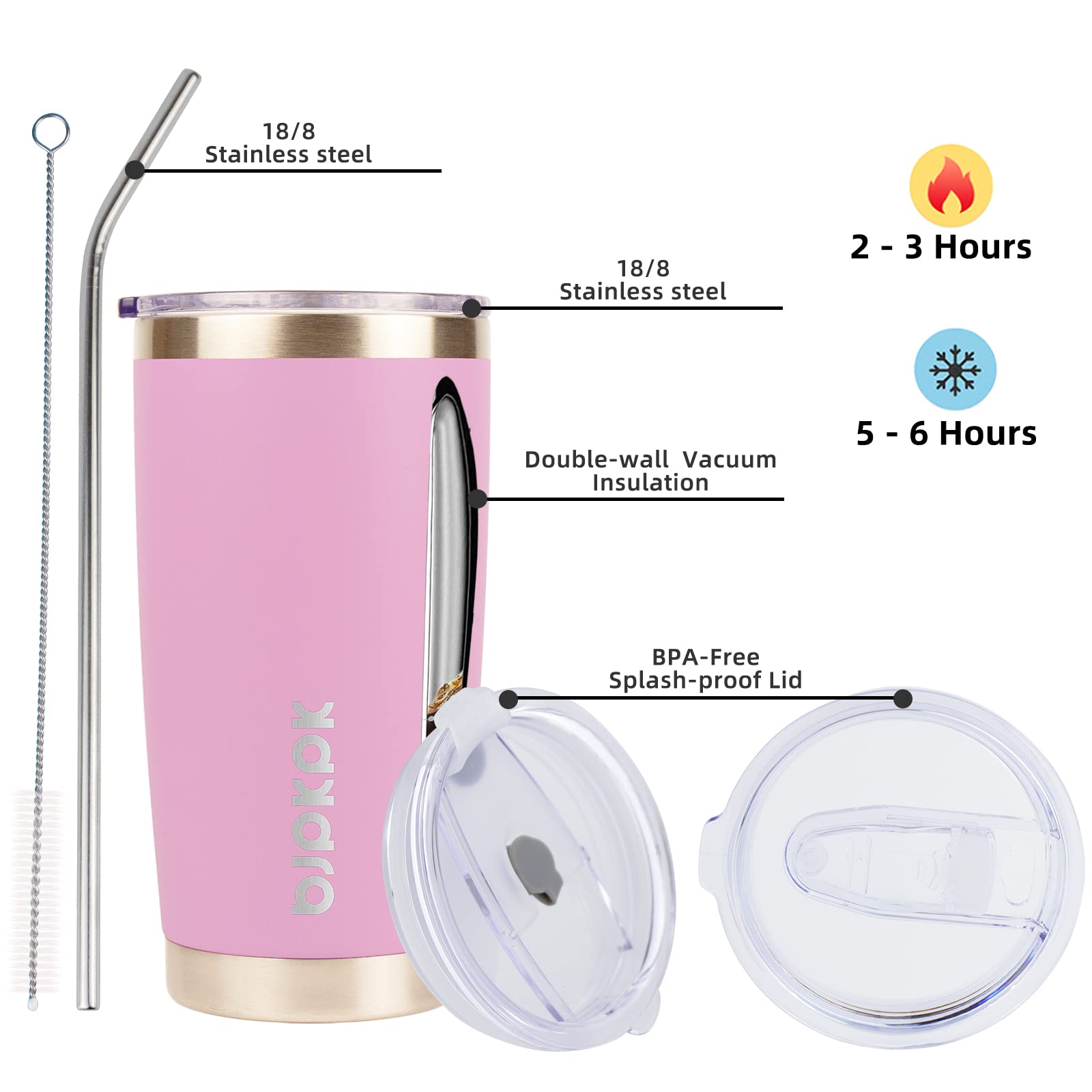 20oz Insulated Stainless Steel Tumbler with Lid & Straw - Light Pink Vacuum Coffee Mug for Hot & Cold Drinks - Perfect for Office, Travel, Gym & Outdoor Activities
