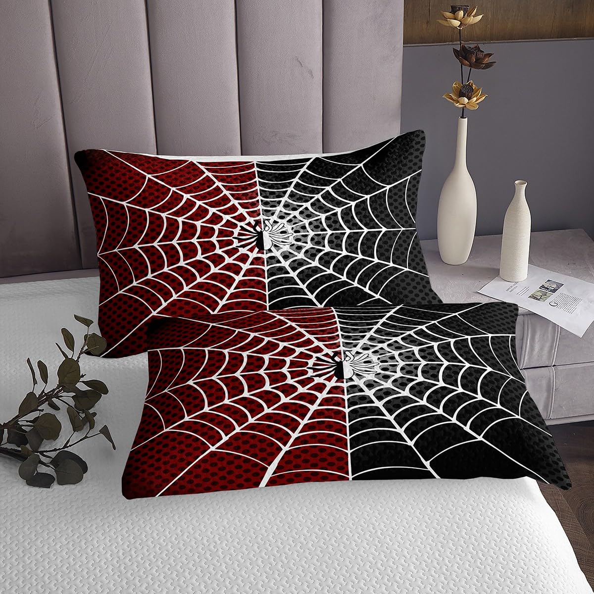 Spider Web Bedspread Twin Size - Black & White Spider Web Design with Red Dots - Soft Polyester Quilted Coverlet Set for Kids, Teens & Adults - Includes 1 Pillowcase - Perfect for Halloween Decor, Themed Bedrooms & Cozy Sleep