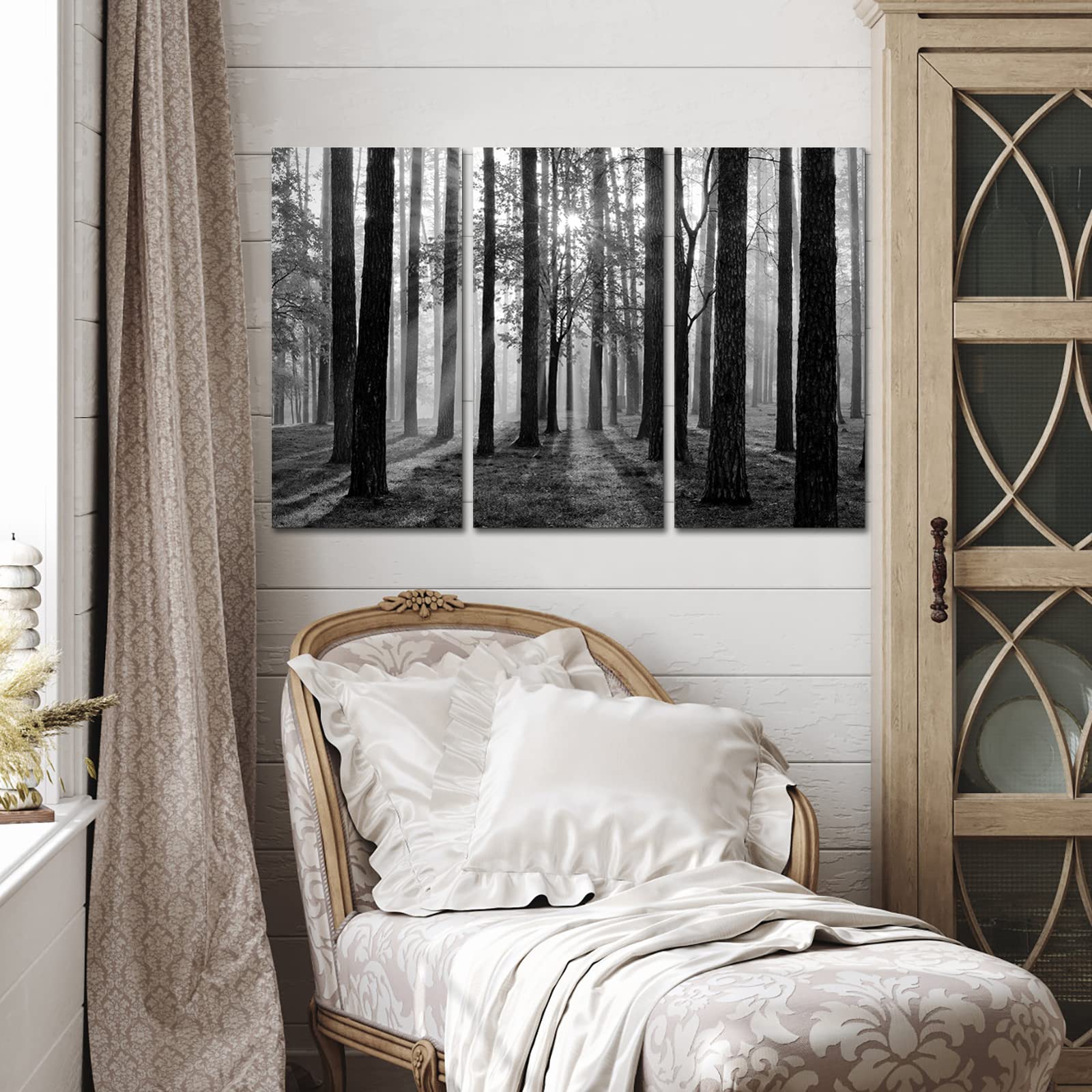 Black and White Forest Wall Art Set - 3 Piece Framed Canvas Prints, Foggy Forest Pictures for Living Room & Home Decor | Nature-Inspired Wall Art for Bedroom, Office & Modern Interior Design