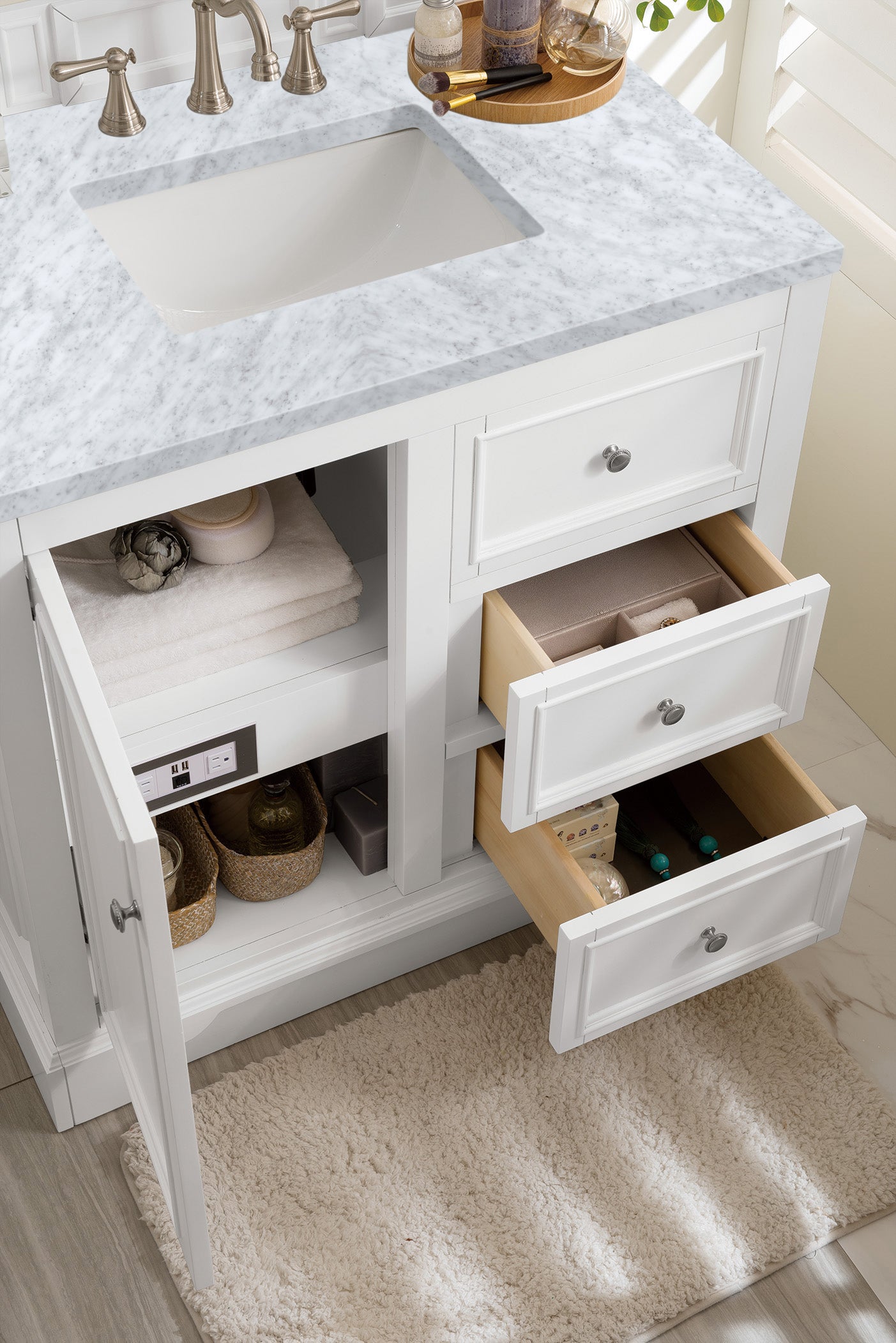 De Soto 36 Inch Single Bathroom Vanity Set with Bright White Finish & 3CM Carrara Marble Top - Perfect for Modern Master Bathroom or Powder Room Renovation