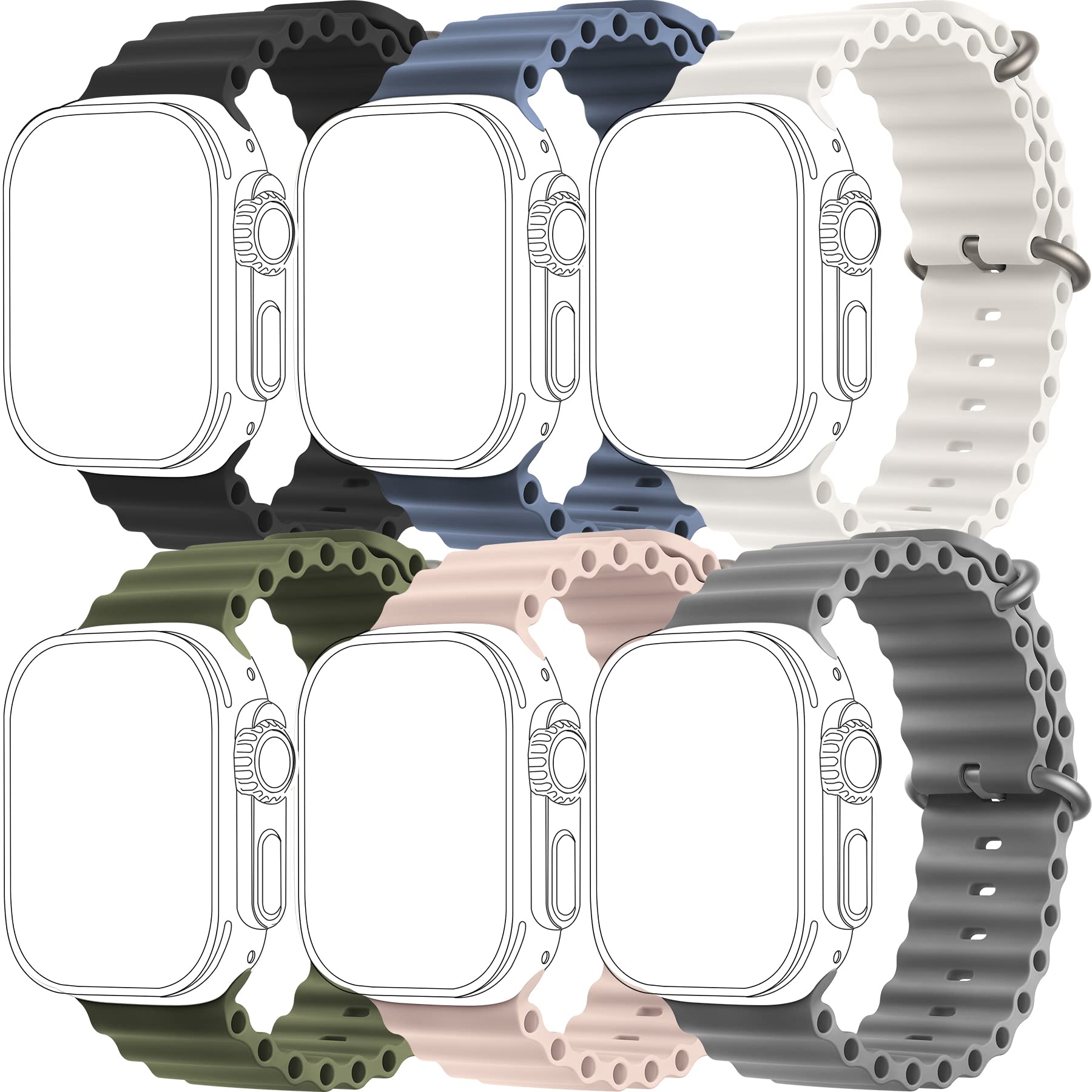 6 Pack Soft Silicone Replacement Bands for Apple Watch Series Ultra/8/7/6/5/4/3/2/1/SE - Compatible with 38mm/40mm/41mm/42mm/44mm/45mm/49mm - Sport Wristbands for Men & Women - Perfect for Swimming, Running & Daily Wear