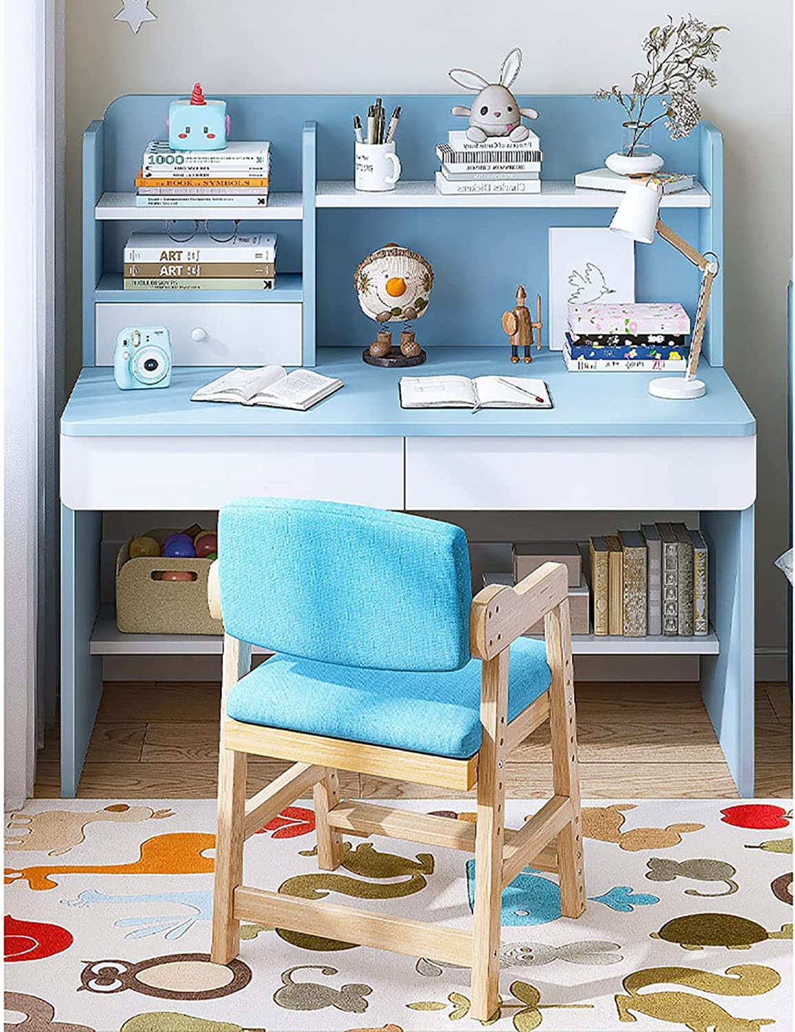 Adorable Wooden Study Desk and Chair Set with Hutch Drawers - Kids School Desk, Computer Workstation & Writing Table for Boys & Girls - Perfect for Homeschooling, Online Learning & Home Office Use