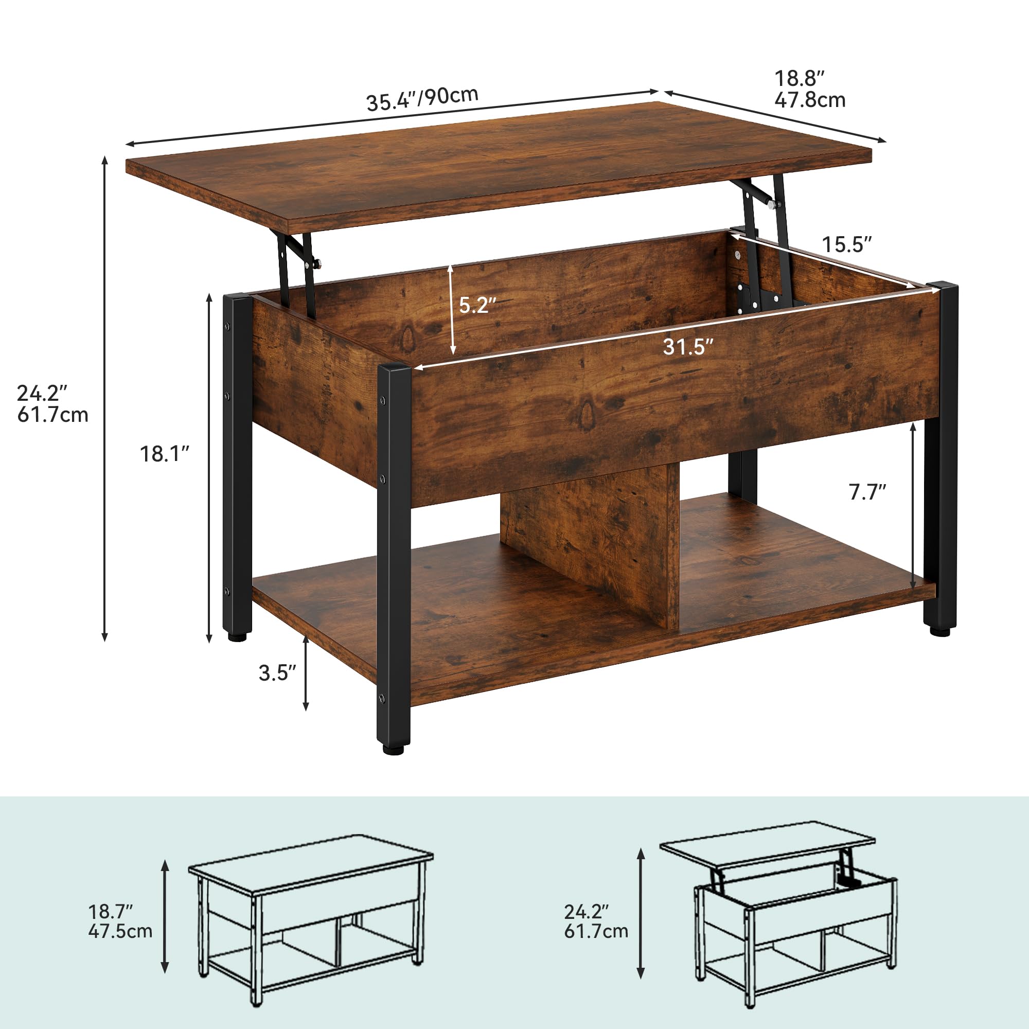 YITAHOME Lift Top Coffee Table with Large Hidden Storage - Rustic Brown Wood Lift-Up Center Table for Living Room & Office - Perfect for Small Spaces, Storage Solutions, and Multi-Functional Use