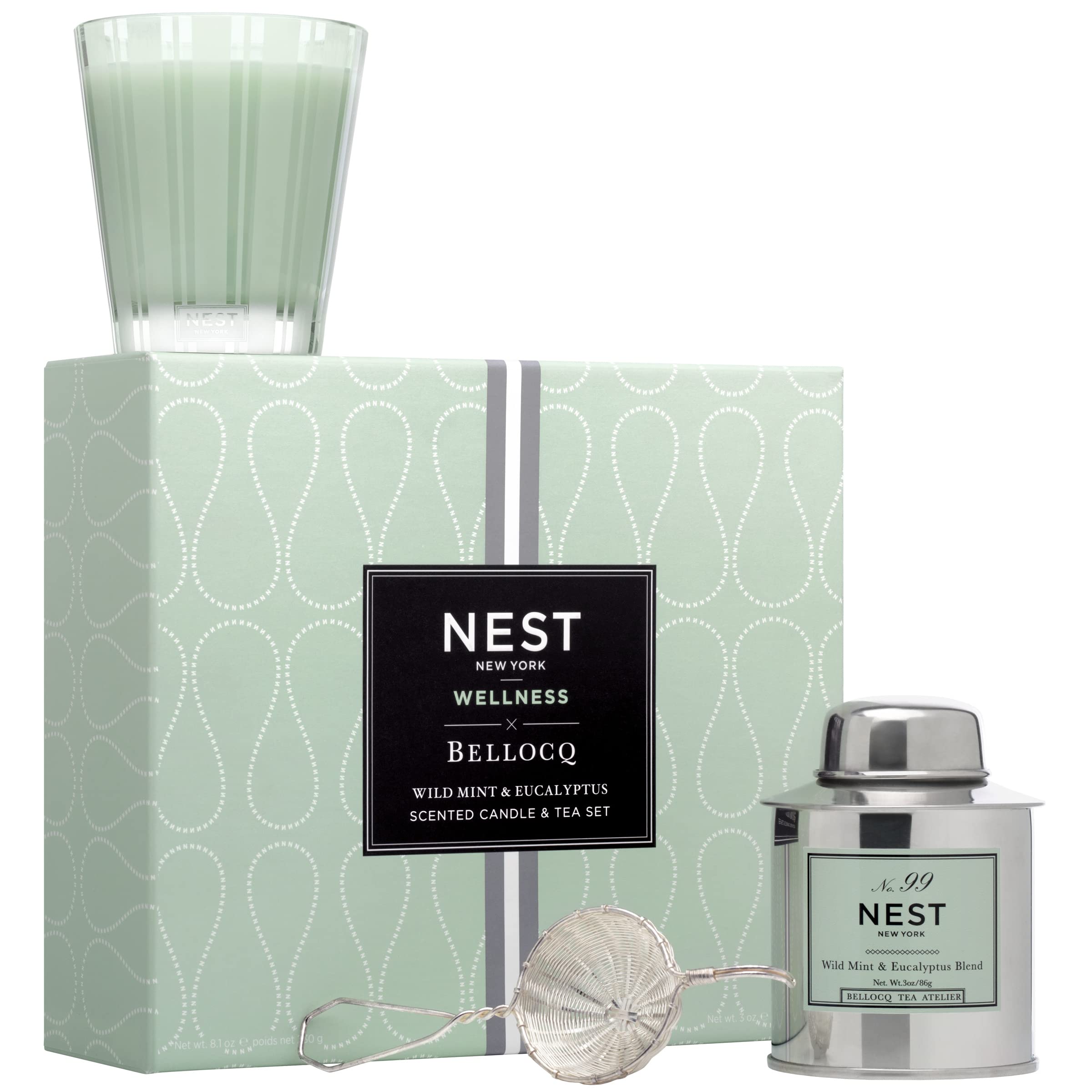NEST Fragrances Classic Scented Candle & Bellocq Tea Gift Set - Wild Mint & Eucalyptus Aromatherapy for Home Relaxation | Perfect for Spa, Yoga, and Bedroom Decor