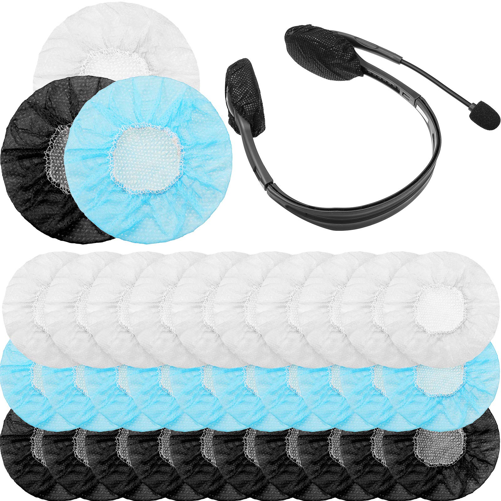 BBTO 300-Pack Disposable Headphone Covers - Non-Woven Sanitary Fabric Earphone Protectors for Headset Hygiene (6.5cm, White/Blue/Black) - Perfect for Salons, Gyms, Studios & Shared Listening Devices