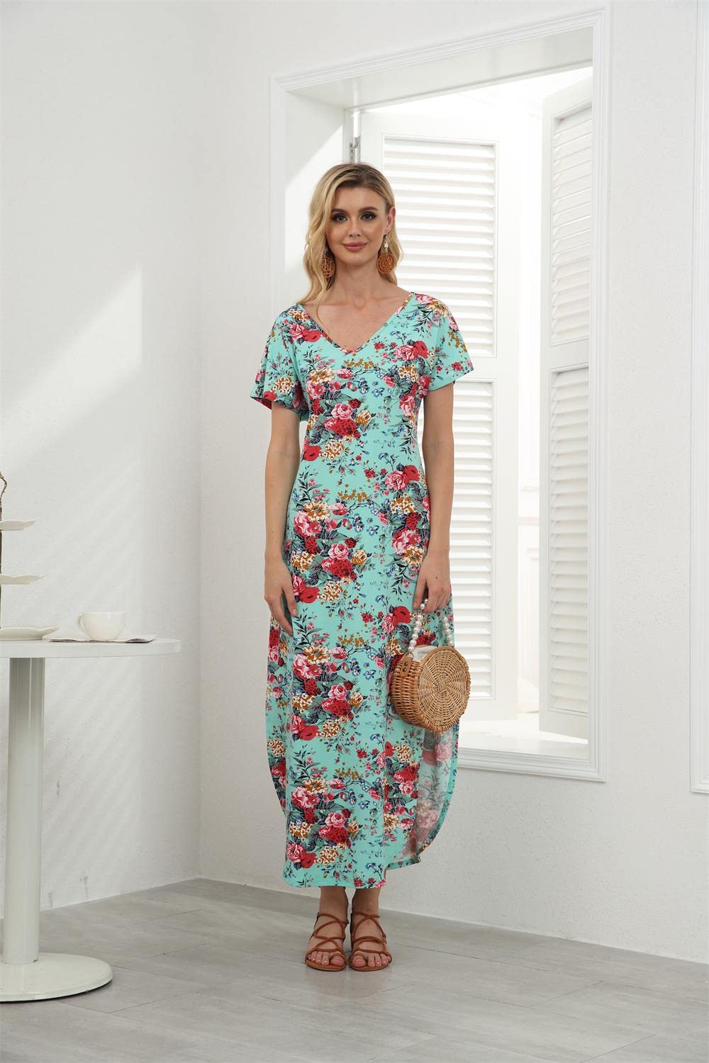 Floral Print Women's Maxi Dress - Long Casual Summer Dress with Pockets for Beach, Party & Vacation | Boho Chic Flowy Dress for Outdoor Events & Travel
