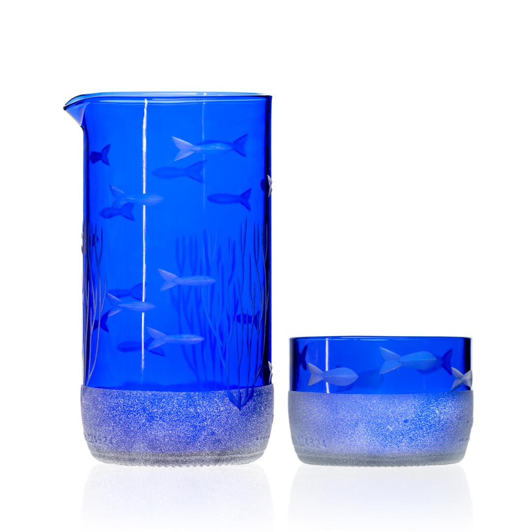 School of Fish Twice Around Blue 13oz Pitcher & 2” Mini Sipper Set - Glass Drinkware with Gift Box - Perfect for Home Decor, Party Serving & Unique Gifts