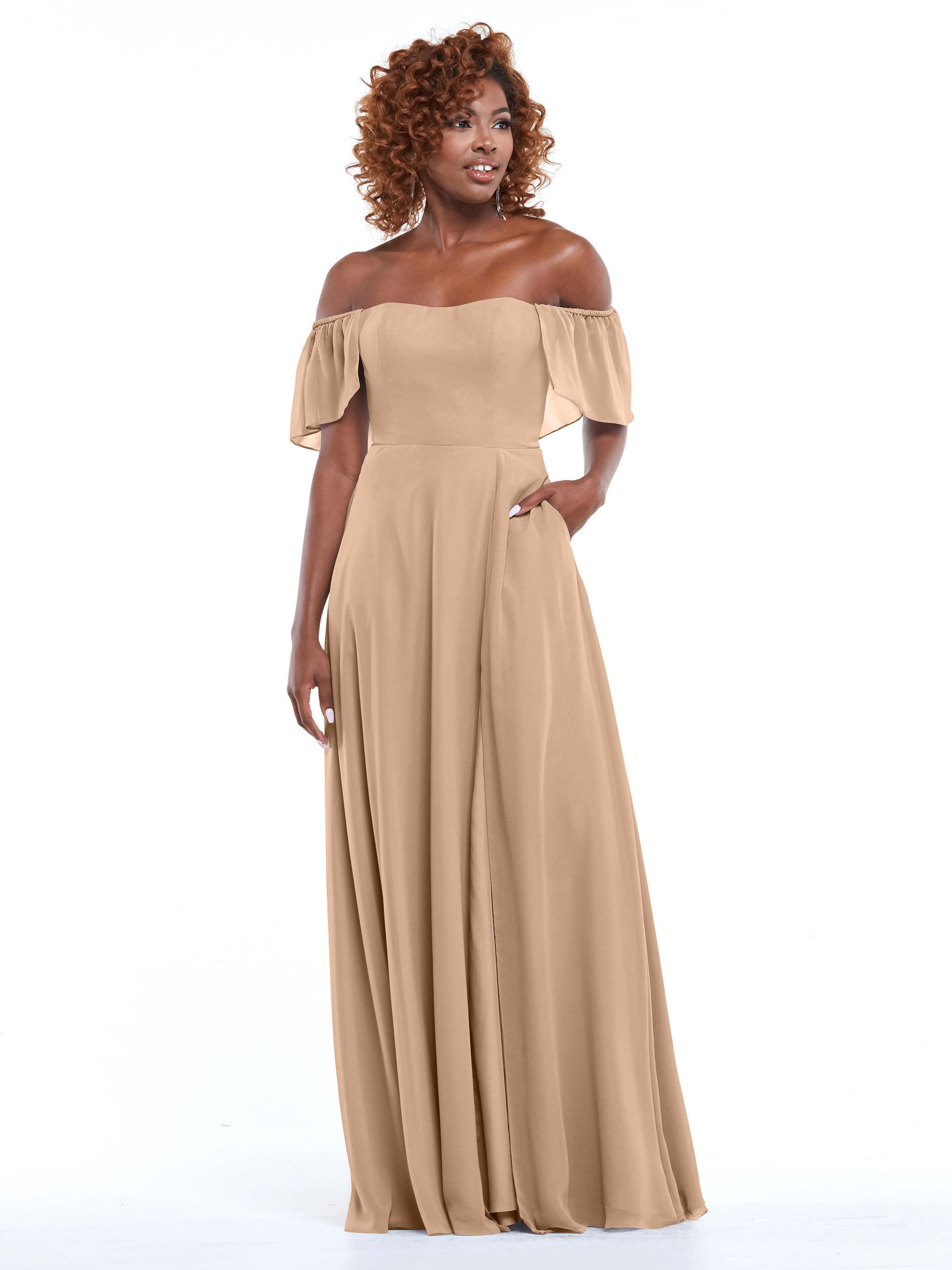 Elegant A-Line Off-The-Shoulder Chiffon Bridesmaid Dress with Pockets - Perfect for Weddings, Formal Events & Special Occasions