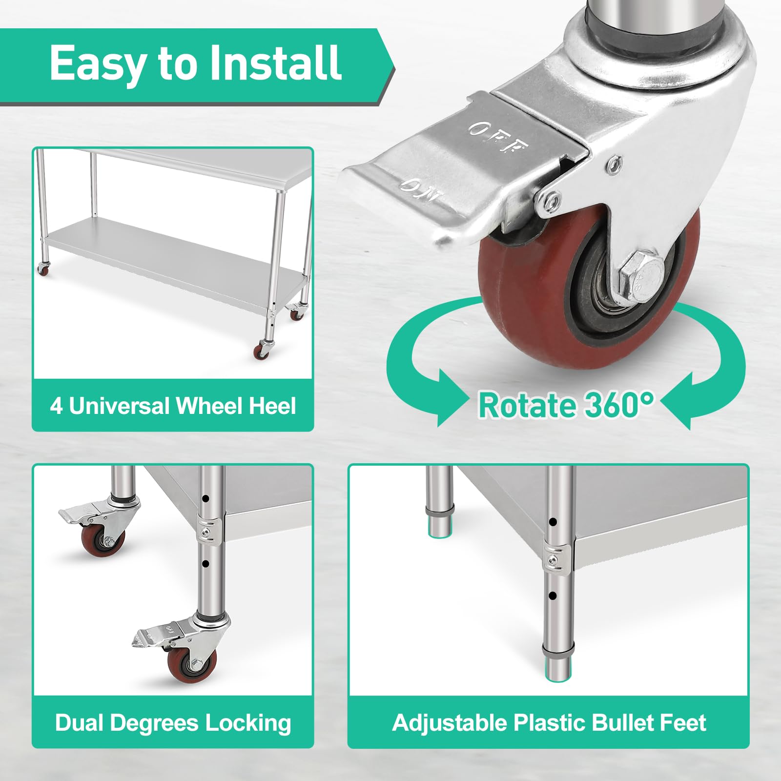 NSF Certified Stainless Steel Commercial Work Table with Casters & Backsplash - Heavy Duty Adjustable Height Food Prep Surface for Restaurants, Kitchens & Catering | Perfect for Cooking, Baking & Appliance Workstations