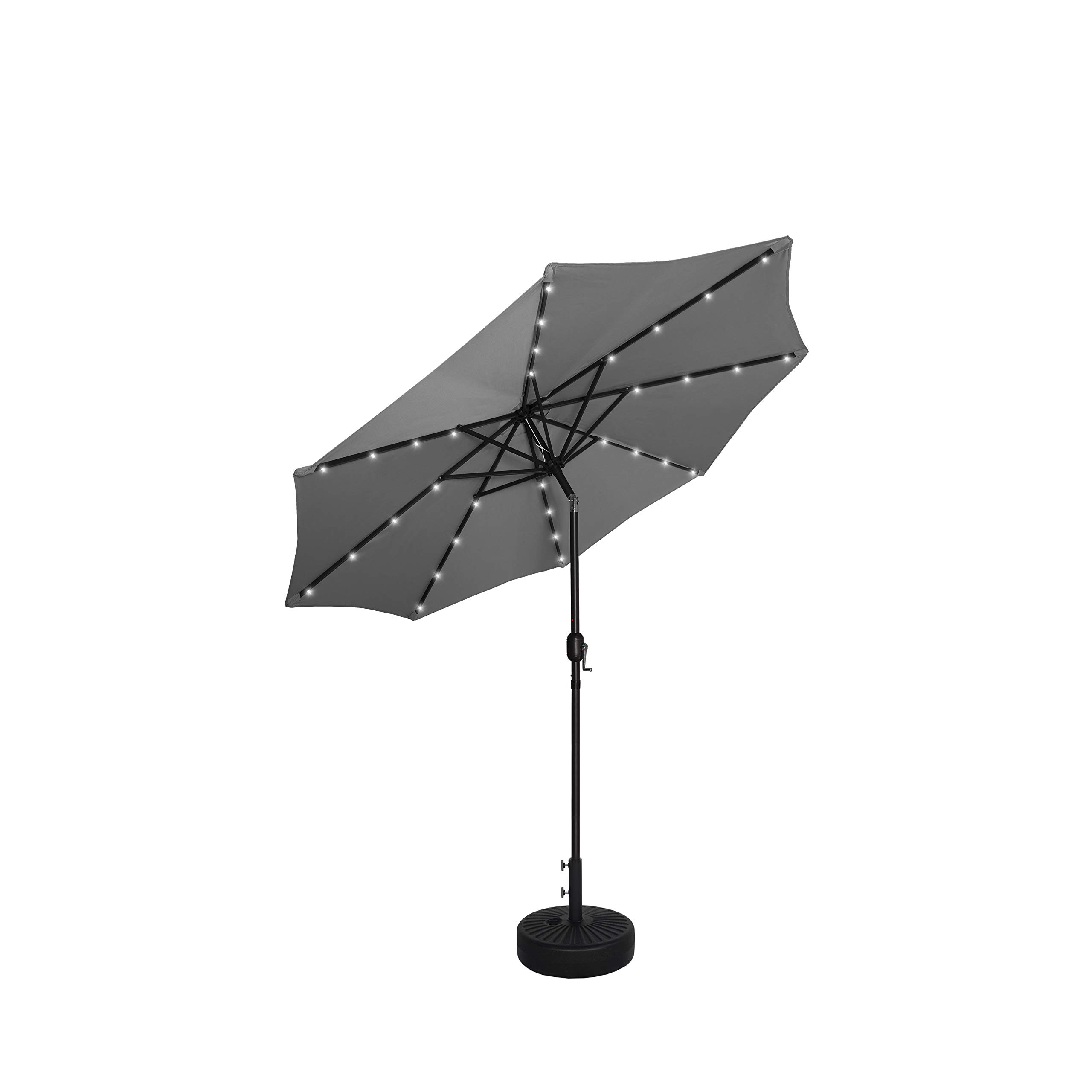 **WO Home Furniture 9 Ft Solar Powered LED Patio Umbrella with Free Standing Weight Base - Black Round Canopy, Gray Frame - Perfect for Outdoor Dining, Poolside, and Garden Relaxation**