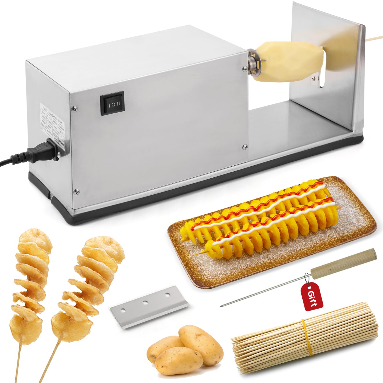 CGOLDENWALL Electric Potato Spiral Slicer - Automatic Twisted Potato Cutter with Free Bamboo Skewers | Stainless Steel Vegetable Cutting Machine for Home & Commercial Use (110V) | Perfect for French Fries, Chips & Party Snacks