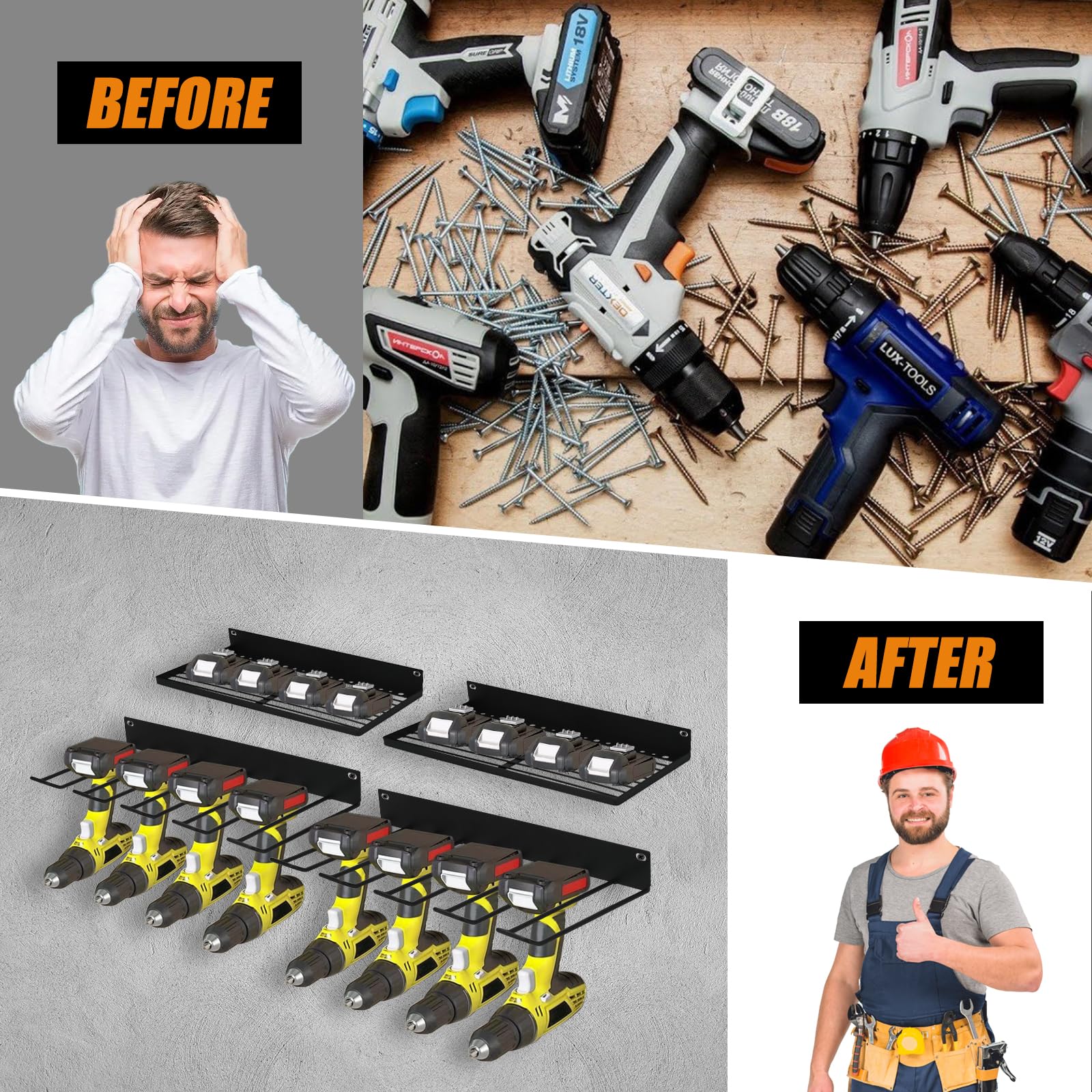 Heavy Duty Metal Power Tool Organizer Wall Mount with Charging Station - 2 Pack, Black | Drill Holder, 2 Shelves & 2 Tool Rails for Garage, Workshop & DIY Projects