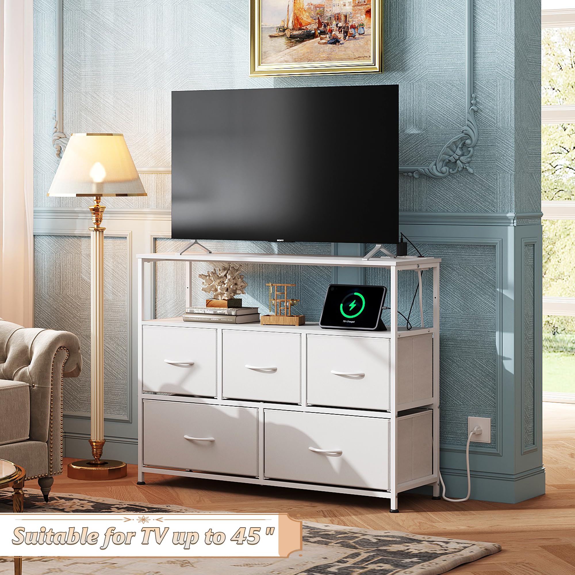 WLIVE White 5-Drawer Dresser with Charging Station & Open Shelves - Fabric Storage Chest for Bedroom, Living Room, Closet & Entryway | Perfect for Organizing Clothes, Accessories & Home Decor
