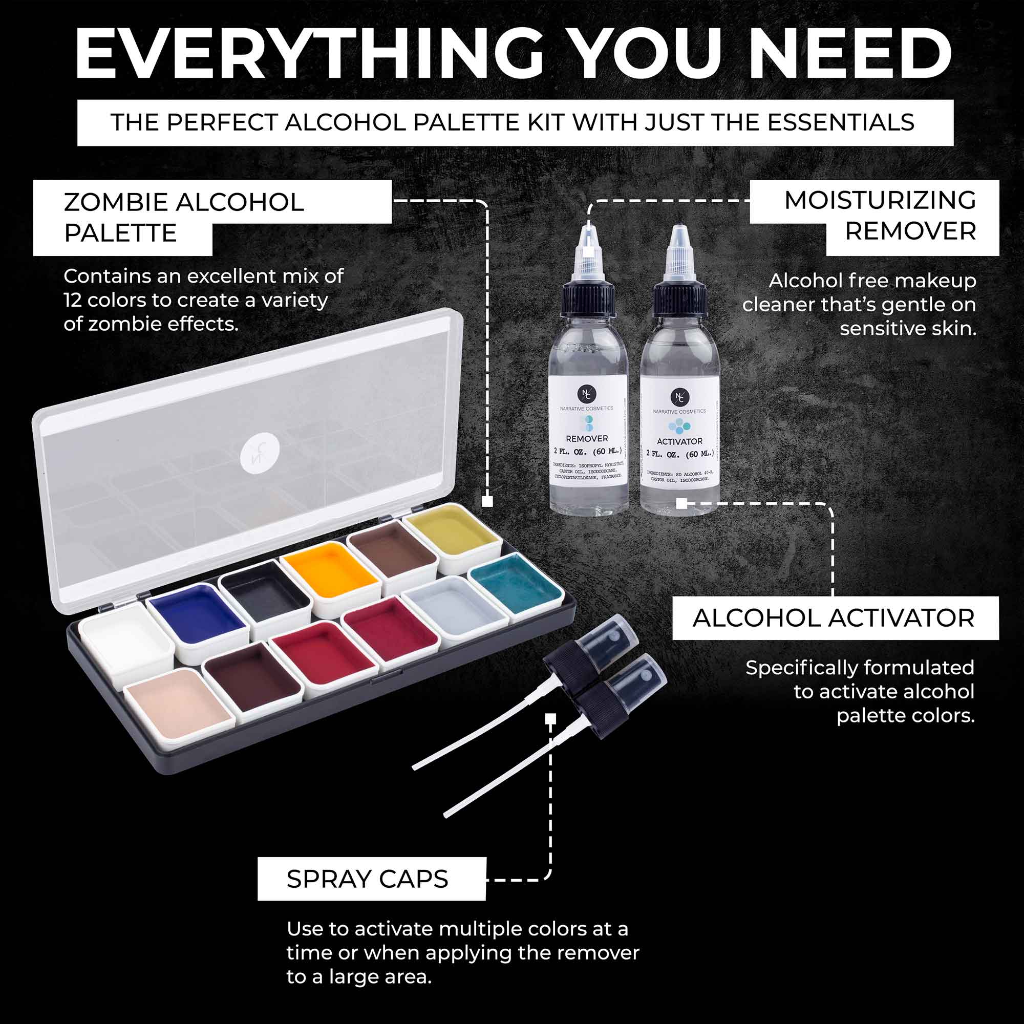 12 Color Zombie Alcohol Activated Professional SFX Makeup Palette - Halloween, Cosplay & Special Effects Makeup Kit for Horror Movies & Theater Productions